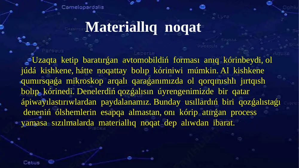 p baratırǵan lift, ush-ıp baratırǵan samolyot hám raketa ilgerilemeli qozǵalısta boladı. dem alıw baǵlarındaǵı sharqpálek kabinasıaylanbalı qozǵaladı (13 – súwret). biraq, usınıń menen bir waqıtta ol ilgerilemeli de qozǵaladı. sebebi kabinanıń ıqtıyarlı eki noqatınan ótkerilgen tuwrı sızıq óz-ózine parallel túrde orın awıstıradı. ilgerilemeli qozǵalatuǵın deneniń qozǵalı – sın úyrengende, onıń tek bir noqatınıń qozǵalısın úyreniw jetkilikli. sonlıqtan, ilgerilemeli qoz ǵalatuǵın deneni materiallıq noqat dep qaraymız. ilgerilemeli qozǵalıs tuwrı sızıqlı hám iymek sızıqlı boladı. denelerdiń qozǵalısın úsh túrge: ilgerilemeli, aylanbalı hám terbelmeli qozǵalıslarǵa bólip, bul quramalı qozǵalıslardı tallawdı ańsatlastıradı hám matematikalıq jaqtan táriyiplew imkaniyatın beredi. telegram: @mektep_ushin image2.png image3.png image4.png image5.png image6.png image1.png