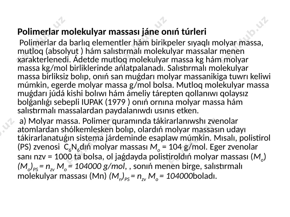 temperaturanı ózgertiw usılın qollanıladı. ulıwma alǵanda fraksiyalashning tiykarǵı úsh usılı ámeldegi: fraksiyalarga bolıp cho'ktirish, fraksiyalab eritiw hám temperaturanı ózgertiw menen fraksiyalash. bunnan tısqarı fraksiyalashni operativ usılı xromatografiya keń qollanılıp atır. a) fraksiyalarga bolıp cho'ktirish. onıń ushın ádetde polimerning tolıq jaqsı erigen 1 % ashıq eritpesi tayarlanadı. eritpege az-ozdan cho'ktiruvchi qosıp jedel tárzde aralastırıp barıladı jáne bul process eritpe gúńgirt kóriniske kirguncha dawam ettiriledi. bul hal eń joqarı molekulyar massalı fraksiyani erigen jaǵdayınan erimagan, yaǵnıy shókpe jaǵdayına ótip atırǵanınan dárek beredi. eritpe turaqlı gúńgirt kóriniske kirgach, aralastırıw toqtatıladı hám turaqlı temperaturada ustap turıladı. eritpe ashıq hám shókpe fazalarǵa ajraladi` hám de shókpe ajıratıp alınadı hám ol eritpe degi polimer molekulalardıń joqarı massalı fraksiyasi esaplanadı. qalǵan ashıq eritpege taǵı echo'ktiruvchi qosıp barıladı hám keyingi bolsa joqarıdaǵı sıyaqlı fraksiya ajıratıp alınadı. bul process kóplegen ret tákirarlanıp, fraksiyalar alınadı. ádetde 30 danege shekem fraksiyalar alınadı. fraksiyalarni massaları hám ortasha molekulyar massaları anıqlanadı hám de …