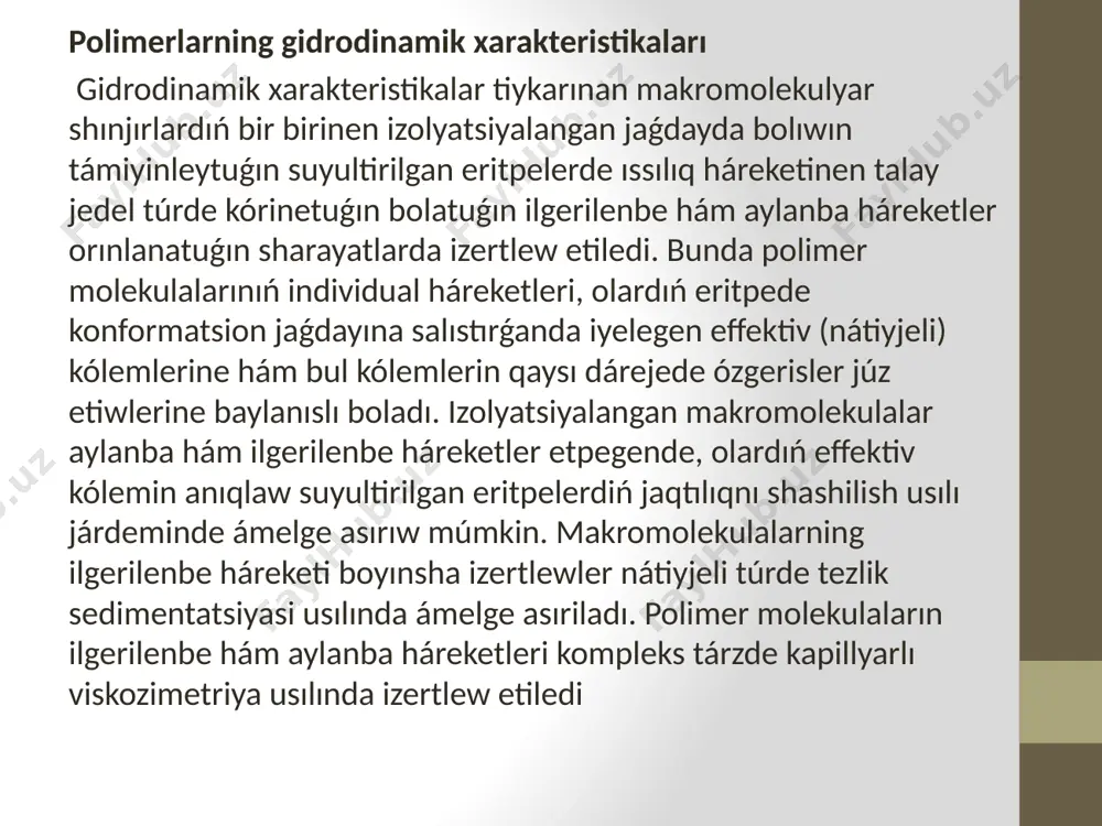 etrde basımlar ayırmashılıǵı, potatsion viskozimetrde potorni aylanıw momenti, xappler viskozimetrinde dumalayotgan shariktiń o'qirligi inabatqa alınadı. sonıń menen birge, tezlik gradientiga proporsional muǵdar retinde kapillyarlı viskozimetrde suyıqlıqtıń kólemiy tezligi, potatsion viskozimetrde bolsa potorning múyeshtegi tezligi hám xappler viskozimetrinde dumalayotgan shariktiń tezligi tiykarǵı kórsetkish retinde alınadı. joqarıda kórsetilgen koordinatalarda suw, organikalıq bolmaǵan duzlar, kislotalar, tiykarlar, glyukoza, saxarozalarni suwlı eritpeleri hám organikalıq erituvchilar (benzol, benzin, spirtler hám sh. k.) sıyaqlı q úyi molekulyar birikpeler tiykarındaǵı suyıqlıqlarǵa tán bolǵan grafiklar 7. 2. 1, a - suwretde keltirilgen. olar aǵımında tezlik gradienti kernewge tuwrı proporsional bolıp, tangensial tuwrı sızıq sıyaqlı ańlatpalanadı. sebebi qovushoqligi turaqlı bolıp, kernew kórsetilgen absitsiya oǵına parallel boladı. baylanısıw tuwrı sızıqlarındaǵı nomerler qovushoqlik muǵdarın asıp barıw tártibinde berilgen. bunday sistemalar nyuton suyıqlıqlar yamasa nyuton aǵıs payda etiwshi ideal qovushoqli sistemalar dep ataladı. bunıń hákisi, yaǵnıy qovushoqligi aǵıs kernewine yamasa tezlik gradientiga iymek sızıqlı baylanısqan sistemalar nonyuton suyıqlıqlar yamasa nonyuton aǵıslar dep júritiledi …