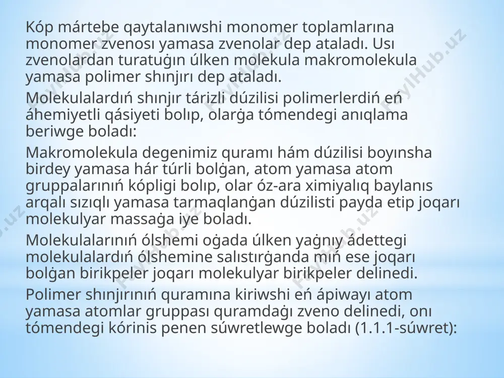 mlardan turatuġın polimerler gomoshınjırlı, al tek uglerod atomlarınan turatuġın polimerler karboshınjırlı dep aytıladı. tiykarġı shınjırı hár qıylı atomlardan turatuġın polimerler geteroshınjırlı dep atıladı. polimerler regulyar, regulyar emes, ximiyalıq tárepten birtekli yamasa birtekli emes, sonday-aq mono- hám polimolekulyar bolıp bir neshe túlerge bólinedi. sopolimer molekulaları shınjırda tártipli yamasa tártipsiz baylanısadı. eger monomerler tártipsiz baylanıssa, onda sopolimerler statistikalıq regulyar emes sopolimer dep, al tártipli baylanısqan bolsa – regulyar sopolimer dep ataladı. diqqatlarin’iz ushin raxmet!!! 20 image1.wmf 2 2 3 2 2 2 2 ch ch ch ch ch ch ch ch = - - ® = + = oleobject1.bin image2.png image3.png image4.png image5.png image6.emf sonı ń menen birge quramdaġı qaytalanıwshı zveno menen monomer birdey bolmaytuġın hallarda ushrasadı : mısal ushın polietilende quramdaġı e ń apiwayı zveno : , al monomer zveno bolsa : boladı [1] . shınjırdaġı qaytalanıwshı zvenolar sanı polimerizatsiya dárejesi dep atalıp , onı n háribi menen belgilenedi . polimerizatsiya …