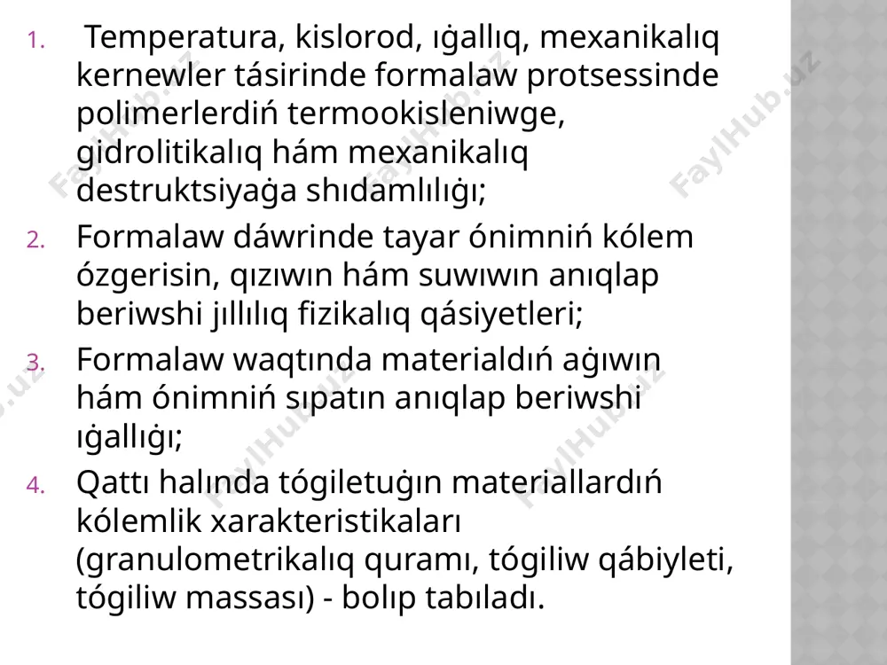 limer materialdıń kólemlik xarakteristikaları - sebilmeli tıġızlıġı, salıstırmalı kólemi, tıġızlanıw koeffitsienti menen ańlatıladı. tabletkalanıw qábiyleti – sırtqı kúshlerdiń tásirinde materialdı presslew múmkinshiligi bolıp, usı sırtqı kúshlerdiń tásirin alıp taslanġannan soń materialdıń óz formasın saqlap qalıwı bolıp tabıladı. plastmassalardı qayta islewdiń negizi - strukturanıń qáliplesiwi hám formalanıwında bolıp ótetuġın fizikalıq hám fiziko-ximiyalıq protsessler bolıp, olarġa tómendegiler kiredi: polimer materialdı qızdırıw, eritiw, shiyshalaw hám suwıtıw; temperatura hám basım tásirinde polimer materialdıń kóleminiń hám onıń bóleksheleriniń ólshemleriniń ózgeriwi; qaytımsız deformatsiyanıń qáliplesiwi, joqarı elastikalıq deformatsiyanıń iske asıwı hám makromolekulyar shınjırlarınıń orientatsiyasın júzege shıġaratuġın deformatsiya; relaksatsiyalıq protsessler; u`st molekulyar strukturalar qáliplesip kristallanıwdıń ótiwi; polimerlerdiń destruktsiyası. bul protsessler bir waqıttın ózinde iske asıp, bir-bir menen óz–ara baylanıslı boladı. keltirilgen protsesslerdiń parametrlerin ózgertire otırıp payda bolıp atırġan polimer ónimlerimizdiń strukturasın yaġnıy, onıń fizikalıq, ximiyalıq, mexanikalıq, optikalıq hám basqa qásiyetlerin ózgertiriwge boladı qayta islew protsessinde materialdıń aġıw baġıtı boyınsha makromolekulalardıń orientatsiyası júz beredi. orientatsiya hár uchastkada hár túrli …