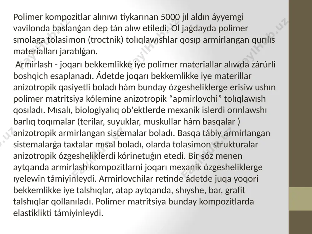 arında tómen temperaturalarda presslash arqalı qáliplestiredi. polimer kompozitlarning bekkemligin asırıw jolları. armirlangan plastiklerde polimerni tolıqlawısh menen óz-ara tásirlesiwi oǵada quramalı bolıp, onıń hasıl mánisi aqırıǵa shekem anıqlanbaǵan. ayırım qarawlar kompozitlarning bekkemligin asıwın polimer hám tolıqlawısh chegarsida kórinetuǵın bolatuǵın fizikalıq kúshler esabına (súykelisiw hám basım ) ámelge asadı dep anıqlama beriwedi. basqa jónelis tárepdarları kompozitlar bekkemligin asıwı armirlovchi talshıqlardıń orientatsion jaylasıwı bolıp tabıladı dep esaplaydilar. kompozitlardagi zárúrli parametr bul kúsheyiw koefficiyenti bolıp, ol toldırılǵan material bekkemligin dáslepki polimer bekkemligine salıstırǵanda anıqlanadı. polimer nanodizimler hám olardıń fizikalıq ózgeshelikleri insaniyat zárúriyatınıń turaqlı tárzde jańa materiallar jaratılıwma qaratılıwı, keyingi jıllar dawamında dúnyanıń etakchi mámleketleri qatarında ózbekstanda da nanofanlar hám nanotexnologiyalarǵa tiykar solinishiga alıp keldi. bul tarawda ústivor baǵdarlarınan biri nanotuzilishli polimer materiallar jaratıwdıń fundamental mashqalalardi sheshiw bolıp, buǵan baylanıslı tábiy hám sintetik polimerlar tiykarında dáslepki nanomateriallar alıwǵa erisilgen. atap aytqanda, nanotuzilishli polimer-metall, polimer-polimer kompleksler, nanokompozitlar, nanotolalar qáliplestiriwgen hám de ámeliy qollanıwı boy'icha izertlewler alıp …