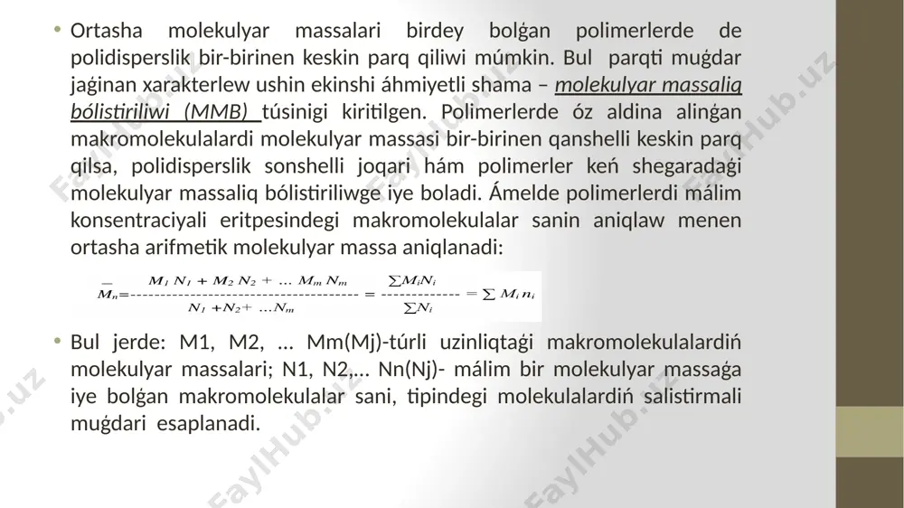 tiykarlanģan. osmometrik usilda- mn di polimer eritpesiniń osmotik basimdi ólshep aniqlanadi. polimer molekulyar massasin osmometrik usilda aniqlaw ushin yarim ótkizgish membrana menen ajratilģan bólimlerden (birinshisi polimer eritpesi ekinshisi taza eritiwshi ushin) ibarat ásbaptan paydalinaladi. eger polimer eritpesi osmometrda tek eritiwshi molekulalardi ótkiziwshi membrana menen ajratilģan bolsa bunday sistema teń salmaqlastirilmaģan esaplanadi, sebebi eritpedegi eritiwshiniń ximiyaliq potenciali my taza eritpeden kishi boladi. molekulyar massani jaqtiliq shashiliwi usilinda aniqlaw jaqtiliq nuri jaqtiliq tolqininiń 0.1 bólegine teń ólshemli bóleksheler menen soqliģisqanda nurdiń qaytiwi hám difrakcion tarqaliwi baqlanadi. nur jayiliwdiń sebebi tómendegilerden ibarat: jaqtiliq tolqinlariniń ózgeriwsheń elektr maydanlari bólekshelerdiń elektronlari terbeliwine, zaryadlar arasindaģi araliqtiń hár dayim kemeyiwi yáki artiwina (indukcion qutilarda) alip keledi, bul ese óz náwbetinde hár tárepleme tarqalatuģin ekilemshi nurlaniwģa alip keledi. bóleksheler qanshelli iri bolsa, olarda sonshelli kóp indukcion polyuslar payda boladi hám elektronlar baģanalariniń polyuslaniwi ańsat boladi hám bul ózgeriwdi osmotik basimniń atqarģan jumisi dep qaraw múmkin. bul bolsa nur …