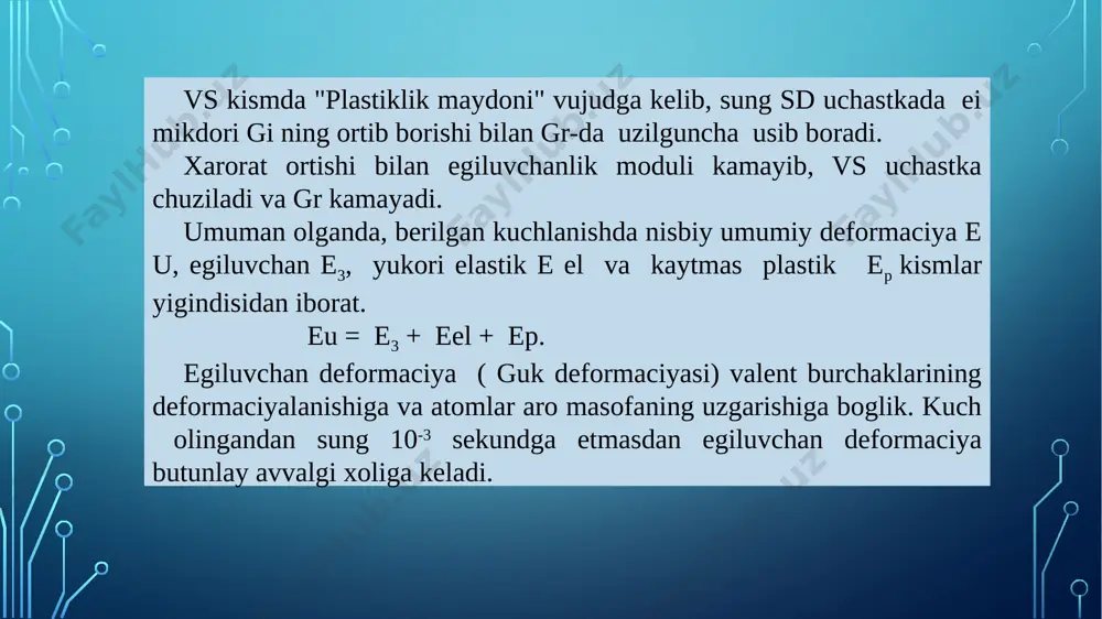 a kristallanish xodisasi ruy beradi.bu xolda polimer avval yukori elastik xolatga utib, sungra kristallanadi.natijada deformaciyalanish keskin kamayadi va polimerning termomexanik egri chizigida maksimum xosil buladi.yukori elastiklikka utishdagi biz kurgan xollar bir termodinamik fazadan ikkinchi fazaga utishdagi muvozanatsiz jarayonlar bilan boglik buladi. polimerlar mexanik xossalarining strukturaga boglikligi. polimerlarning mexanik mustaxkamligi asosan strukturadan boglik masalan tabiiy cellyuloza asosida tola strukturasini kurib chikamiz.rentgenografiya va infrakizil sprektroskopiyada tekshirish natijasida cellyuloza elementa zvenosi angidro - v-d-glyukoza "kreslo" konformaciyasiga ega ekanligi , polimer zanjiri fazoda tugri joylashib bir biri bilan tartibli boglangan glyukoza zvenolaridan tuzilganligi aniklangan. bu xodisani shuni kursatadiki tabiiy cellyuloza polimeri asta sekinlik bilan paydo bulish davomida makromolekula zveno va sengmentlari bir-biriga nisbatan tugri joylashadi. natijada tabiiy cellyuloza- stereoregulyar sindiotaktik polimerga aylanadi. sellyuloza makromolekulasini sxematik tarzda tasvirlasak, 3,9x8,9 a bulgan kesimi sal buralgan spiral`- " lenta"ni eslatadi. sellyuloza molekulalarining agregatciyalanishiga: kutbli gidroksil gruppalarning kupligi va polimer zanjirining tartibli tuzilishiga sabab buladi. lentalar bir teksda …