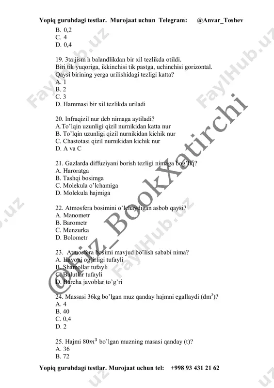 ranish amplitudasini toping (m). a. 20 b. 400 c. 10 d. 8000 35. induksion tokning yo‘nalishi kim tomonidan aniqlangan? a. amper b. ersted c. maksvel d. lens. 36. tebranish konturidagi kondensatorning sig‘imi 10-5f, g‘altakning induktivligi 0,4 h. kondensatordagi maksimal kuchlanish 2 v ga teng. tebranish konturi xususiy tebranishlari davri (s) va konturdagi maksimal energiya (µj) ni toping. a. 0,8; 20 b. 0,01256; 20 c. 2; 50 d. 3,14; 25 37. gidravlik pressda 2dm2 yuzali kichik porshen 4cm/s tezlikda tushmoqda. 20dm2 yuzaga ega kata porshen tezligi qancha (mm/s)? a. 4 b. 0,4 c. 8 d. 0,8 38. kuchlanishning maksimal qiymati 120 v, chastotasi 100 hz bo‘lgan o‘zgaruvchan tok manbayiga kattaligi 200 ω bo‘lgan aktiv qarshilik, yopiq guruhdagi testlar. murojaat uchun telegram: @anvar_toshev yopiq guruhdagi testlar. murojaat uchun tel: +998 93 431 21 62 sig‘imi 5·10-6 f bo‘lgan kondensator va induktivligi 400 mh bo‘lgan g‘altak ulangan. zanjirdagi tok kuchining maksimal qiymatini toping …