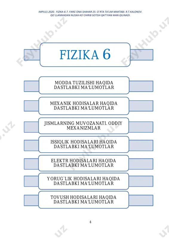 msiz , lekin kichik o‘lchamdagi shtixlar chizilgan bo‘ladi. mana shu ikkita qo‘shni shtrix oralig‘i shkalaning darajasi deyiladi. 2- rasmdagi chizg‘ichning darajasi 1mm; shtangensirkulning darajasi 1mm ; menzurkaning darajasi 1 ml ; sekundomerning darajasi 1s tashkil qiladi. 4. qanday qilib o‘lchov lentasi orqali g‘altak ipning qalinligini o‘lchash mumkin? yechish: g‘altak ipini birorta o‘zakka (qalam yoki ruchka) ga o‘rab chiqiladi. o‘lchov lentasi bilan 1 sm ga to‘g‘ri kelgan o‘ramlar soni sanab chiqiladi. 1 sm ni o‘ramlar soniga bo‘linadi. 5. mosh yoki no‘xat donalarining hajmini menzurka yordamida qanday o‘lchash mumkin? yechish: no‘xat yoki moshni menzurkaga solinadi. menzurka shkalasi bo‘ylab tizilgan donalar sanab chiqiladi va bo‘lim qiymati ko‘rsatishini no‘xat donalar soniga bo‘linadi. 6. 497 dm ni metrlarda ifodalang. 6. yechish: 497 ∙ 0,1𝑚 = 49,7𝑚 javob: 49,7𝑚 zichlik va uning birliklari zichlikni hisoblash formulasi: 𝜌 = 𝑚 𝑉 masani hisoblash formulasi: 𝑚 = 𝜌𝑉 hajmni hisoblash formulasi: 𝑉 = 𝑚 𝜌 zichlikning o‘lchov birligi: …