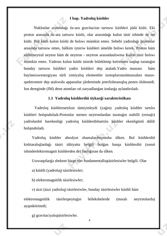 r bolıptabıladı. kúshli yadrolıq hám ázzi tásirlesiwler qashıqlıqqa baylanıslı tez ózegeredi hámsonlıqtan olar jaqınına tásir etiwshi kúshler bolıptabıladı.yadrolıq kúshlerdińjaqınnan tásir etiwshi kúshler bolıptabılatuǵınliǵımınalardan kelip shıǵadı: a) rezerford tájiriybelerindegi α-bólekshelerdiń jeńil yadrolarda shashırawıboyınsha (10-12 sm ge shekemgi qashıqlıqlar ushın tájiriybelerdiń nátiyjeleri α-bólekshe menen yadro arasındaǵı elektromagnitlik tásirlesiwnızamıbolǵan kulonnızamıboyınsha dál túsindiriledi, al kishi qashıqlıqlarda bolsa yadrolıq kúshlerdińtásirde kulon nızamınabaǵınıw toqtaydi, bunnan yadrolıq kúshlerdiń 10-12 smqashıqlıqtan kishi qashıqlıqlarda tásir etetuǵınliǵı kelip shıǵadı); b) awır yadrolardıń α-nurlanıwıboyınsha ; v) neytronlardıń protonlardaǵınurlaniwi hám protonlardıń protonlardashashırawıboyınsha .bul jaǵdaylardi toliǵıraq úyrenemiz.neytronlardıń energiyaları kishi bolǵanda olardıń inerciya orayı sistemasindaǵıshashırawı izotoplıq xarakterge iye. haqıyqatında da impulsi p ǵa teń klassikalıqbólekshe radiusı yadrolıq kúshlerdiń tásir etiw qashiqligi r0 bolǵan shashıratıwshınishanaǵa "ilinedi" (yaǵniy onıń qozǵalıs muǵdarıniń momentinińbaǵıti traektoriyategisligine perpendikulyar baǵıtta r0p shamasınanúlken bolmaǵanda, le broyl' qatnasi boyınsha túsıwshi nur ushın p = ћ/λ hám usıǵan cáykes r0p = 2π(r0ћ/λ). biraq bóleksheniń orbitalıq momentiniń maksimallıq mánisi tek ћl shamasınaǵanateń bola aladı. sonlıqtan …