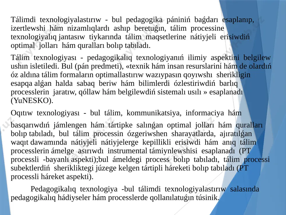 p tabıladı. tek bul orında, tekstli material ornına oqıwshılar tárepinen rol oynalatuǵın turmıslıq jaǵday saqnalastırıladı. kórsetiw usılı. bunda kórgezbeli plakatlardan, kartoyakalardan, magnitafondan, lingafon kabinetlerden hám de televizor -videomagnitofonnan keń paydalanıwı múmkin. bunda bilim, ilmiy tájriybeler ańsatǵana kónlikpege aylanadı. ol jaǵdayda oqıwshı kóredi, esitedi hám kerekli maǵlıwmatlardı jazıp alıwı múmkin. proektlestiriw usılı. bul usıl bilim hám ilmiy tájriybelerdi, analiz qılıw hám bahalawdı názerde tutatuǵın tálimdiń komplekslik usılın ámelge asıradı. joybar usılında oqıwshılar joybarlawda, shólkemlestiriwde, tekseriwde, analiz qılıwda hám orınlanǵan jumıstıń nátiyjelerin bahalawda kóbirek qatnasadılar. izertlew usılı. tálim alıwshılardıń ayırım izertlew islerdi, yaǵnıy diplom hám kurs joybarları, pitkeriw jumısların ilimiy tiykarlanǵan halda ǵárezsiz orınlawları, olardı jazıw hám qoyılǵan maqset hám nátiyjelerdi analiz etiwleri izertlew usılı bolıp tabıladı. kitap menen islew usılı. bul usıl tálim alıwshılardıń oqıw materialın ǵárezsiz ózlestiriwin, óz-ózin tekseriw ilmiy tájriybelerin, berilgen teksttiń mazmunın tolıq hám sanalı túrde ayta biliwine qaratılǵan usıl bolıp tabıladı. disskusiya, tartıs-tartıs usılı. oqıw toparın eki …