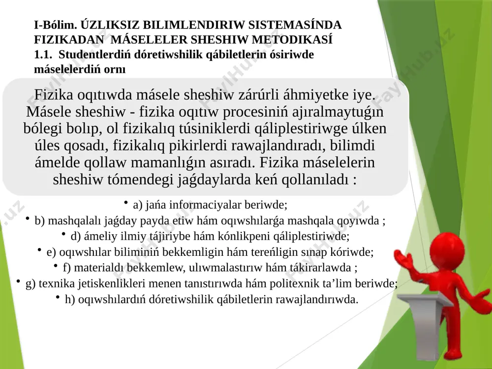 sızıwdı usınıs etiwi múmkin.apparatlardıń túrli súwretleri, sxemaları hám basqalar munasábeti menen bir qatar qızıq sapa máselelerin usınıs etiw múmkin. programma temaları boyınsha bunday máselelerdi kóplegenin tańlaw múmkin. bunday máseleler kóbirek tek sapa tárepten u’yreniledi (mısalı, magnitizm, gazlarda hám vakuumda elektr tokı boyınsha hám basqalar).bul máseleler magnit induksiya sızıqlarınıń baǵdarın,solenoid koordinataların, induksion baǵdarın anıqlawǵa, túrli ortalıqlarda volt amper xarakteristikaların salıstırıwg’a tiyisli hám basqalar. bunday túrdegi máseleler úy wazıypası retinde de beriliwi múmkin.ayırım sapa máseleler eksperimental máseleler túrlerinen birine aylanıwı múmkin, sebebi logikalıq juwmaq shıǵarıw jolı menen orınlanǵan bul máseleler sheshiminiń tuwrılıǵı tájiriybede tekserip kóriliwi múmkin.házirgi waqıtta oqıtıwda sapa máselelerinen paydalanıw haqqında metodikalıq ádebiyat ámeldegi, olardan paydalanıw zárúrligi kórsetilgen bir qatar izertlew jumısları orınlanǵan. soraw-máseleler orta mektepleri ushın máseleler kompleksinen kiritilgen. xalmurat (x) - muǵdarlıq (esaplaw ) máseleler. bul kórinistegi máseleler hámme máseleler kompleksinde eń tolıq berilgen bolıp, olar tuwrı saylanǵanda hám olardı sheshiw stilistikası tuwrı jolǵa qoyılǵanda oqıwshılarda haqıyqıy bilimlerdiń qáliplesiwi …