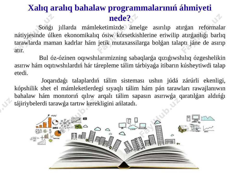 e (pisa, timss hám t.b. ) qollanılǵan materiallardan paydalanıw múmkinligi belgilep qoyılǵan. ózbekstan respublikası xalıq tálimi ministriniń 2017-jıl 16 -sentyabrdegi “2017-2018 oqıw jılında tálim sapası monıtorıń sistemasın jáne de jetilistiriw hám shólkemlestiriw tuwrısında”g’i 299 -sanlı buyrıǵınıń 3-bánt 2-abzacta : monıtorıń procesin shólkemlestiriw, qadaǵalaw materialları hám túrlerin islep shıǵıwda aldıńǵı xalıq aralıq tájiriybeler (pisa, timss hám t.b. ) ni úyrengen halda milliy monıtorıń sistemasın jetilistiriw jáne onıń nátiyjeleri tiykarında oqıw -metodikalıq processni jáne de rawajlandırıw ilajların kóriw 2017-2018 oqıw jılı tálim sapası monıtorıń processinde xalıq aralıq bahalaw programmalarınan paydalanǵan halda ulıwma bilim beriw pánleri boyınsha kompetensiyaviy jantasıwǵa tiykarlanǵan oqıw tapsırmaları islep shıǵıldı. 2017-2018 oqıw jılı tálim sapası monıtoringida 8-10 klass oqıwshılardıń kompetentligin anıqlaw maqsetinde dúzilgen test tapsırmaları tuwrısında maǵlıwmat (pánler kesiminde dúzilgen testler sanı ) al nátiyjeler qanday kórinis aldı? 2017-2018 oqıw jılı tálim sapası monıtoringida 8-10 klass oqıwshılardıń kompetentligin anıqlaw maqsetinde dúzilgen test tapsırmaları boyınsha ózlestiriw kórsetkishlari (pánler kesiminde) derek: …
