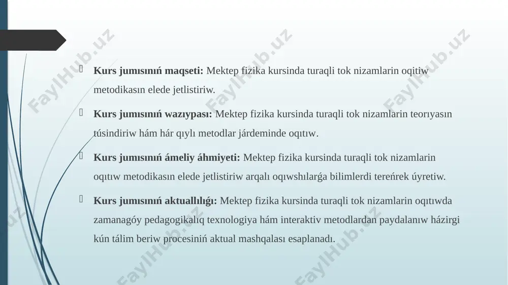 ω 1 kω = 1 000 ω 1 mω = 1 000 000 ω elektr qarsılıǵınıń ótkizgishtiń uzınlıǵına baylanıslılıǵı 6-súwrette kórsetilgen elektr shınjırın jıynayıq. bunda 1 hám 2, 2 hám 3, 3 hám 4, 4 hám 5 klemmaları birdey 15 cm uzınlıqtaǵı nixrom ótkizgish (sım)ler menen tutastırılǵan. tok derekleriniń oń polyusi ampermetr arqa lı 1 klemmaǵa, teris polyusi gilt arqalı 2 klemmaǵa jalǵanǵan bolsın. gilt járdeminde shınjırdı jalǵasaq, ampermetr 2 ma toktı kórsetken bolsın. ótkizgishtiń elektr qarsılıǵı onıń uzınlıǵına tuwrı proporcional: r ~ l. (1) elektr qarsılıǵınıń ótkizgishtiń kese-kesimine baylanıslılıǵı endi joqarıdaǵı tájiriybeni biraz ózgerttiremiz. 7-súwrette kórsetilgen shınjırdı jıynayıq. bundaǵı 1, 3, 5 klemmaları ótkizgish mıs sım arqalı tutastırılǵan bolıp, olar ampermetr arqalı derektiń oń polyusine tutastırılǵan. 1 hám 2 klemmaların, 3 hám 4 klemmaların, 5 hám 6 klemmaların bir-biri menen 60 cm uzınlıqtaǵı 3 birdey nixrom sım menen tutastırayıq. ótkizgishtiń elektr qarsılıǵı onıń kese-kesiminiń maydanına keri proporcional: r ~ …