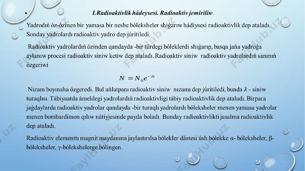 e yutilgan nurlanıw dozasi grey ( gr ) birliginde olshenedi. bul birlikten tısqarı xbs ga kirmaydigan biykarlaw birliginde de olshenedi. radiatsion qáwipsizlik boyınsha xalıq aralıq komissiya nurlanıwlar menen isleytuǵın kisiler ushın múmkin bolǵan shegaralıq doza dep 0. 05 gr ni belgilengen. qısqa múddet ishinde alınǵan 3-10 gr nurlanıw dozasi ólimge shekem júrgizedi. har qanday radiatsiya dáregi menen islewde nurlanıwdıń tásir sheńberine túsiwi múmkin bolǵan barlıq adamlardi radiatsiyadan qorǵaw ilajların kóriw zárúr. nurlanıw dozasini dozimetr dep atalıwshı ásbaplarda olshenedi. ol yadrolıq bóleklerdi belgilengenler etiwshi ásbap bolıp tabıladı. ortalıq arqalı ótken bólekler energiyasın olardı ólshew hám dizimnen ótkeriw ushın qolay bolǵan basqa túrdegi energiyaǵa aylantırıp beretuǵın apparatlarǵa elementar bólekshelerni baqlaw hám dizimnen ótkeriw apparatları dep ataladı. bólek ortalıq arqalı ótkende júz beriwi múmkin bolǵan processler túrine qaray detektorlar ionizatsion, radiolyuminessent, ximiyalıq, zaryadlı, radionuqsonli detektorlarǵa bólinedi. bulardan tısqarı ionizatsion kamera, proporsional sanagich, geyger-myuller sanagichi, yarım ótkeriwshili detektorlar, vilson kamerası, kóbikli kameralarda hám qalıń …