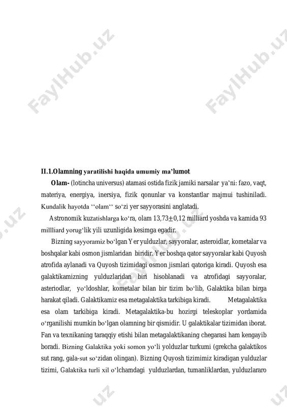 ar materiya mavjudligining turli konkret shakllaridir. fizikaning elektr zaryadlarining o‘zaro ta’sirini o‘rganuvchi bo‘limk elektrodinamika bo‘lib, uning asosini maksvell tomonidan yaratilgn elektromagnit maydon nazariyasining qonunlarini ifodalovchi to‘rtta differensial tenglamalar sistemasi tashkil etadi. agar nyuton mexanikasida jismlar bir-biri bilan bevosita bo‘shliq orqali ta’sir qiladi va bu o‘zaro ta’sir oniy ravishda uzatiladi, deb qaralsa, ya’ni olisdan ta’sir qilish nazariyasi o‘rinli bo‘lsa, elektrodinamika yaratilgandan so‘ng kuchlar haqidagi bunday tasavvurlar o‘zggardi, yaqindan ta’sir qilish nazariyasi yuzaga keldi. bu nazariyaga ko‘ra o‘zaro ta’sirlashayotgan jismlarning har biri fazoda chekli tezlik bilan tarqaladigan elektromagnit maydon hosil qiladi va shu maydon orqali o‘z ta’sirini uzaatadi. elektromagnit kuchlar tabiyatda keng tarqalgan: ular atom yadrosida, atomda, molekulada, makroskopik jismlardagi alohida molekulalar orasida ta’sir qiladi, chunki barcha atomlar elektr jihatdan zaryadlangan zarralasrdan tashkil topgan. olamning elektromagnit manzarasi maxsus nisbiylik nazariyasi kashf etilgandan so‘ng oliy ravnaqiga erishdi. agar olamning mexanik manzarasi ravnaq topgan yillarda elektromagnit hodisalarni olam efiridagi mexanik jarayonlar deb qarashga urinilgan …