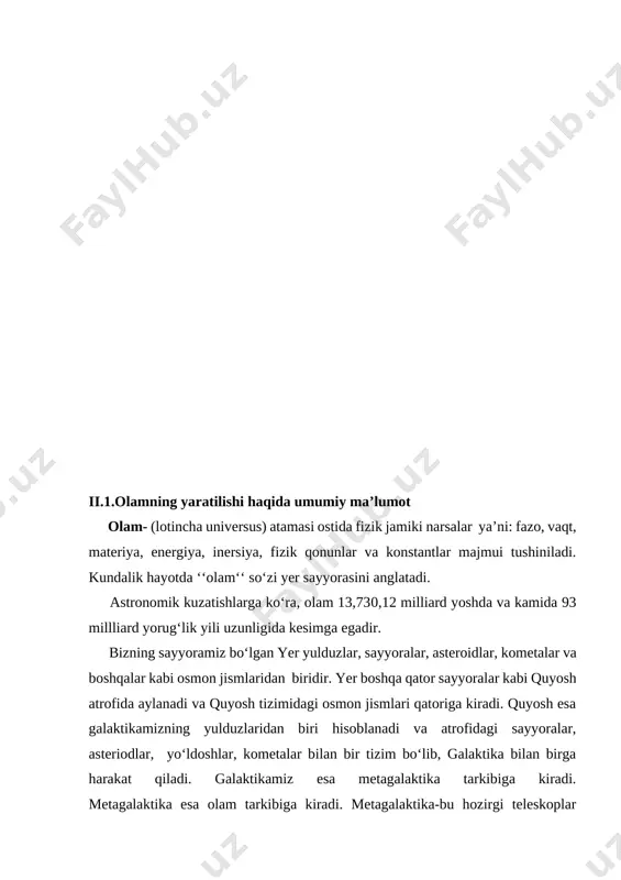r materiya mavjudligining turli konkret shakllaridir. fizikaning elektr zaryadlarining o‘zaro ta’sirini o‘rganuvchi bo‘limk elektrodinamika bo‘lib, uning asosini maksvell tomonidan yaratilgn elektromagnit maydon nazariyasining qonunlarini ifodalovchi to‘rtta differensial tenglamalar sistemasi tashkil etadi. agar nyuton mexanikasida jismlar bir-biri bilan bevosita bo‘shliq orqali ta’sir qiladi va bu o‘zaro ta’sir oniy ravishda uzatiladi, deb qaralsa, ya’ni olisdan ta’sir qilish nazariyasi o‘rinli bo‘lsa, elektrodinamika yaratilgandan so‘ng kuchlar haqidagi bunday tasavvurlar o‘zggardi, yaqindan ta’sir qilish nazariyasi yuzaga keldi. bu nazariyaga ko‘ra o‘zaro ta’sirlashayotgan jismlarning har biri fazoda chekli tezlik bilan tarqaladigan elektromagnit maydon hosil qiladi va shu maydon orqali o‘z ta’sirini uzaatadi. elektromagnit kuchlar tabiyatda keng tarqalgan: ular atom yadrosida, atomda, molekulada, makroskopik jismlardagi alohida molekulalar orasida ta’sir qiladi, chunki barcha atomlar elektr jihatdan zaryadlangan zarralasrdan tashkil topgan. olamning elektromagnit manzarasi maxsus nisbiylik nazariyasi kashf etilgandan so‘ng oliy ravnaqiga erishdi. agar olamning mexanik manzarasi ravnaq topgan yillarda elektromagnit hodisalarni olam efiridagi mexanik jarayonlar deb qarashga urinilgan …
