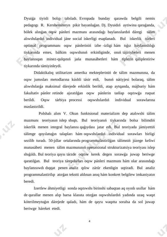 da háreketli minutalardan paydalanıw kerek. oyın elementlerinen tek ǵana sabaqta, bálki sabaqtan tısqarı jumıslarda konferensiya sabaqlarında paydalanıw múmkin. bul álbette baslanǵısh klass oqıwshılarına mólsherlengen. olar bul jasda oyınshıl, tez zerikedi, dıqqatı tarqaq boladı. oyın arqalı olardı sabaqǵa, temaǵa tarta alıwımız múmkin.baslanǵısh klass oqıwshıları jas bolǵanı ushın olarǵa ápiwayı tilde túsinikli halda bilim beriw hám sabaqlarda oyın elementlerinen paydalanıw kerek. bala ómiriniń tiykarǵı bólegi oyın menen ótedi. oyınlar tek didaktikalıq qural bolmay, bala ómiriniń tiykarǵı forması bolıp tabıladı. sol sebepli biz oyındıń názik táreplerin iyelemey turıp, oyın iskerligin basqarıwdı úyrenbey turıp aldımızda turǵan juwapkershilikli wazıypalardı sheshe almaymız. pedagogikalıq texnologiyalar oqıtıw nátiyjesi oqıtıwshı shaxsınan kóre kóbirek studentke, onıń ǵárezsiz oqıwına baylanıslılıǵın ayqın ashıp beredi. haqıyqattan da, yuneskonıń tálim hám informatika boyınsha ekinshi kongressi (moskva, 1996 ) hám pútkil rossiya “telematika-96” ilimiy-metodikalıq konfrenciyası (sankt-peterburg, 1996 ) materiallarında aytıp ótkenindey, jańa informaciya quralı jáne onıń múmkinshilikleri menen tolıq qurallanǵan student oqıw materialınıń 70 -90 …