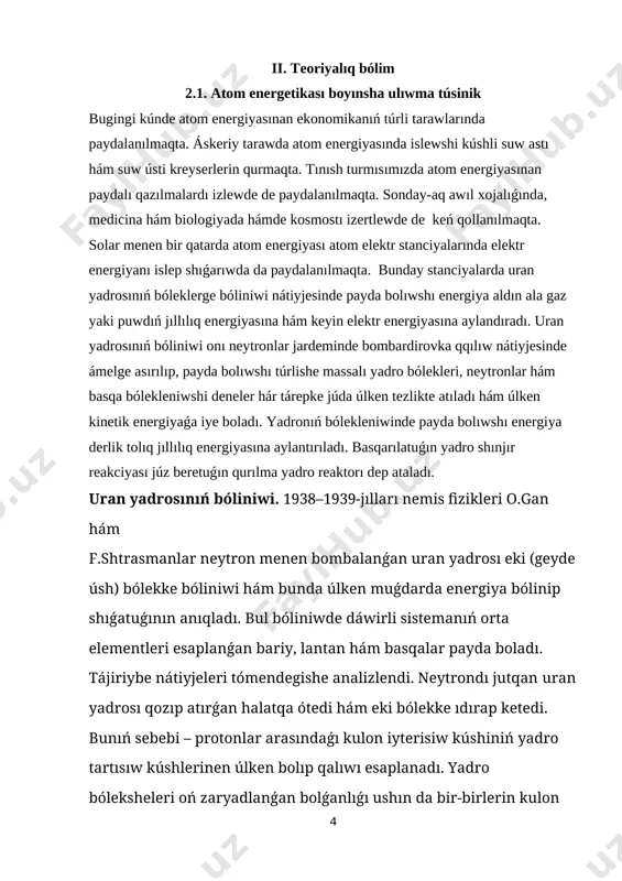 ın yadrolar sanın da kórsetedi. eger k 1 bolsa, shınjır reakciyası kóshki tárizli ósip baradı hám yadro partlawına alıp keledi. yadro reaktorı. insaniyat ushın shınjır reakciyasın ámelge asırıw emes, al bólinip shıǵatuǵın energiyadan paydalanıw ushın onı basqarıw ayrısha áhmiyetke iye. awır yadrolardıń bóliniw shınjır reakciyasın ámelge asırıw hám basqarıw imkaniyatın beretuǵın qurılma yadro reaktorı delinedi. birinshi yadro reaktorı 1942-jılı e. fermi basshılıǵında chikago universiteti qasında qurılǵan. janılǵı sıpatında 5% ke shekem uran–235 penen bayıtılǵan tábiyi urannan paydalanatuǵın bul reaktordıń sxeması 2-súwrette kórsetilgen. [image: ] uran–235 yadrosında shınjır reakciyasın rawajlandırıw ıssı neytronlar járdeminde ǵana ámelge asırılıwı múmkin (energiyası 0,005–0,5 ev aralıǵında bolǵan neytronlar ıssı neytronlar delinedi). al, yadro ıdırawında payda bolatuǵın neytronlardıń energiyası 2 mev átirapında boladı. sonıń ushın, shınjır reakciyası barısın támiyinlew ushın ekilemshi neytronlardı ıssı neytronlarǵa shekem ásteletiw kerek. usı maqsette ásteletkish dep atalatuǵın arnawlı zattan paydalanıladı. ásteletkish neytronlardı ásteletiwi, biraq jutpawı kerek. ásteletiw maqsetinde awır suw, ápiwayı suw, …