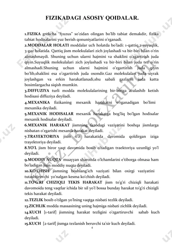 lok kuchning ta’sir yo’nalishini o'zgartiradi,lekin kuchdan yutuq bermaydi. qo'zg'aluvchan blok kuchning ta’sir yo’nalishini o'zgartiradi va kuchdan ikki marta yutuq beradi. 30.richakning muvozanat sharti richakka qo'yilgan kuchlar o'z yelkalariga teskari proportsional bo'lganda richak muvozanatda bo'ladi. 31.mexanikaning "oltin" qoidasi kuchdan necha marta yutsak, masofadan shuncha marta yutqazamiz.ya’ni hech qanday oddiy mexanizm ishdan yutuq bermaydi. 32.foydali ish koeffitsiyenti foydali ishning butun ishga 6 nisbatining foizlarda olingan qiymati foydali ish koeffitsiyenti deyiladi. 33.energiya jismning ish bajarish qobiliyatini xarakterlovchi kattalikka energiya deyiladi. 34.kinetik energiya jismning harakat energiyasi kinetik energiya deyiladi. 35.potensiyal energiya jismlarning o'zaro ta’sir energiyasi potensiyal energiya deyiladi. 36.ichki energiya [1‐tarif] jismni tashkil qiluvchi zarrachalarning potensiyal va kinetik energiyalarining yig'indisi ichki energiya deyiladi [2‐tarif] jismni tashkil qiluvchi zarrachalarning harakat va o'zaro ta’sir energiyalarining yig'indisi ichki energiya deyiladi. 37. ichki energiyani o'zgartirish usullari ichki energiyani o'zgartirish usullari ikki xil bo'ladi: 1)ish bajarish usuli 2)issiqlik uzatish usuli 38.issiqlik uzatish ish bajarmasdan turib bir zarradan boshqa zarraga …