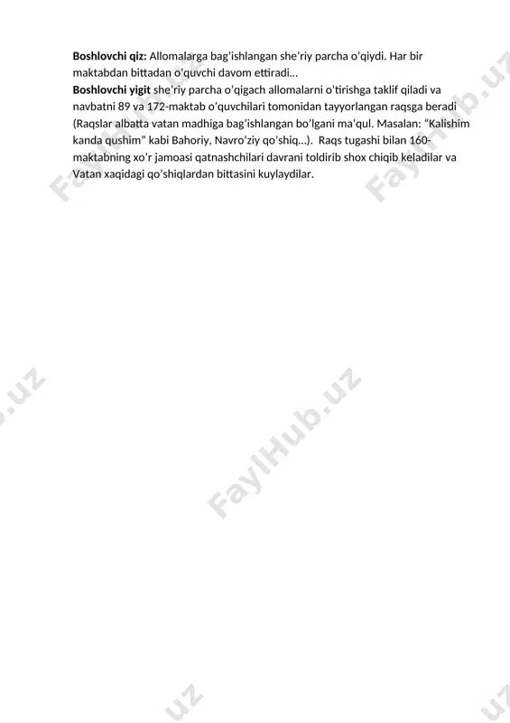 ahoriy, navro’ziy qo’shiq…). raqs tugashi bilan 160-maktabning xo’r jamoasi qatnashchilari davrani toldirib shox chiqib keladilar va vatan xaqidagi qo’shiqlardan bittasini kuylaydilar.
