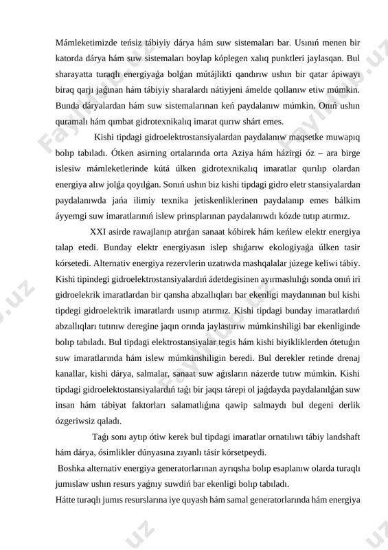 generatorlarında hám energiya alıw processi qorshaǵan ortalıq sharayatına baǵlıq bolıp qaladı. biraq suw aǵımı alternativ hám turaqlı esaplanadi. solay etip, oraylasqan elektr taminatı menen támiylew qıyın bolǵan orınlarǵa mólsherlengen kishi tipdagi alternativ energiya dáregi elektr taminatındaǵı úziliwler mashqalasın sheshiw múmkin, bul bolsa jergilikli xalıq ushın arzan elektr dáregin jaratıw imkaniyatın beriwi múmkin. kishi tipdagi gidro energetika imaratları qurılısı waqıtında hám islew processinde ósimlik hám tábiy landshafttı buzbaydı hám átirap ortalıqtı pataslamaydi. átirap ortalıq tábiyiy qásiyetlerin saqlap qaladı hám keyinirek suw támiynatı ushın suwdiń sapası saqlanıp qaladı. elektr tutınıwshılarına bolsa ob xavoga qaray elektr tutınıwında úzilisler sıyaqlı máseleler bolmaydı. párikler aylanıwshı valnı ózinde sáwlelengenlestirgen rotorga taza etip bekkemlengen. rotor aylanıwdan qanday da paydalı jumıstı ámelge asırıwshı mexanizm menen baylanısqan boladı. digirmanda jumısshı dene hawa aǵımı esaplanadı. ótetuǵın hawa aǵımı rotorın aylanıw oǵı boyınsha háreketlenedi. digirman párikleri rotor oǵına salıstırǵanda bir neshe gradus múyeshka awdırıp jaylastırılǵan boladı. bul iyiw múyeshi aerodinamikada hújim …