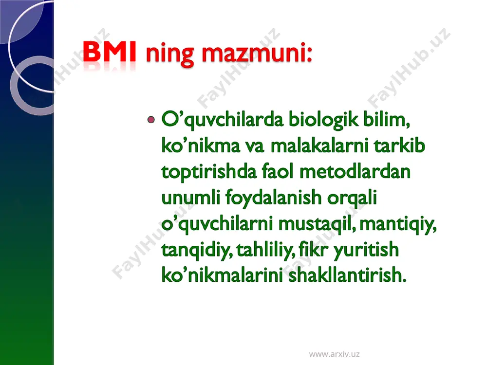 , sabab-oqibat bog‘lanishlarni anglash imkonini yaratadi. o‘qitishning mantiqiy metodlari guruhiga induktiv, deduktiv, tahlil, bosh g‘oyani ajratish, qiyoslash, umumlashtirish metodlari kiradi. induktiv metodda – o‘quvchilarning e’tibori avval xususiy faktlarni o‘rganishga jalb qilinadi, so‘ngra xususiydan umumiy xulosalar chiqarishga yo‘naltiriladi. deduktiv metodda o‘quvchilar avval umumiy qonunlarni o‘rganadi, so‘ngra umumiydan xususiy xulosa chiqarishga o‘rgatiladi. o‘quvchilar tahlil metodi yordamida axborotni anglab idrok etadi, o‘rganilgan ob’ektlarning o‘xshashlik va farqli tomonlarni aniqlaydi, o‘rganilgan ob’ektlarni tarkibiy qismlarga ajratib, ular o‘rtasidagi boshlanishlar, sabab oqibatlarni aniqlaydi. bosh g‘oyani ajratish metodi muhim ahamiyat kasb etib, o‘quv materialidagi asosiy g‘oyani ajratish va saralash, axborotni mantiqiy tugallangan fikrli qismlarga ajratish, asosiy g‘oya va ikkinchi darajali fikrlarni ajratish, tayanch so‘zlar va tushunchalarni ajratish, asosiy fikr haqida xulosa chiqarishga zamin tayyorlaydi. www.arxiv.uz www.arxiv.uz www.arxiv.uz www.arxiv.uz mantiqiy metod topshiriqlar: katta qon aylanish doirasi bilan kichik qon aylanish doirasining farqi va o’xshashligini taqqoslang; katta qon aylanish doirasi bilan kichik qon aylanish doirasining vazifalarini taqqoslang; katta qon aylanish …
