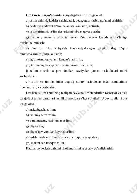 y harakterda bo’lishi lozimligi va dts talablari asosida ta‘lim olishning hamma uchun ochiqligi alohida uqtirilgan (3-modda). (barkamol avlod- o’zbekiston taraqqiyotining poydevori. toshkent, “sharq”, 1997 20-b). ta‘lim mazmunini shakllantirishda quyidagi omillarni hisobga olish taqoza etiladi: 1) milliy mafkura, ijtimoiy tuzum xususiyatlari; 2) mavjud ishlab chiqarish ehtiyojlari; 3) davlatning xalq ta‘limi tizimi va muayyan o’quv yurti oldiga qo’yadigan talablari; 4) o’qitish qoidalariga muvofiq keluvchi va o’quvchilarning intellektual, fiziologik, yosh imkoniyatlarini e‘tiborga oluvchi didaktik talablar (pedagogika. a.q. munavvarov tahriri ostida. toshkent, “o’qituvchi”, 1996. 68-b.). shuni ta‘kidlash lozimki, maktab ta‘limining mazmunining tarixiy va sinfiy xususiyatiga ega ekanligi kishilik jamiyati taraqqiyotining barcha bosqichlarida namoyon bo’lgan. chunki, o’tmishdagi barcha davrlarda, ijtimoiy taraqqiyotning barcha bosqichlarida ta‘limning mazmuni va hajmi (parametrlari) o’sha davr, o’sha ijtimoiy-iqtisodiy tuzum mafkurasi, talab va ehtiyojlari, fan-texnika taraqqiyoti darajasi bilan belgilab kelingan. hozirgacha pedagogika nazariyasi fanida ta‘lim mazmunini belgilash muammosiga doir ikki xil qarash mavjud: a) “shakl ma‘lumot” tarafdorlari; b) “moddiy ma‘lumot” tarafdorlari; “shakl …