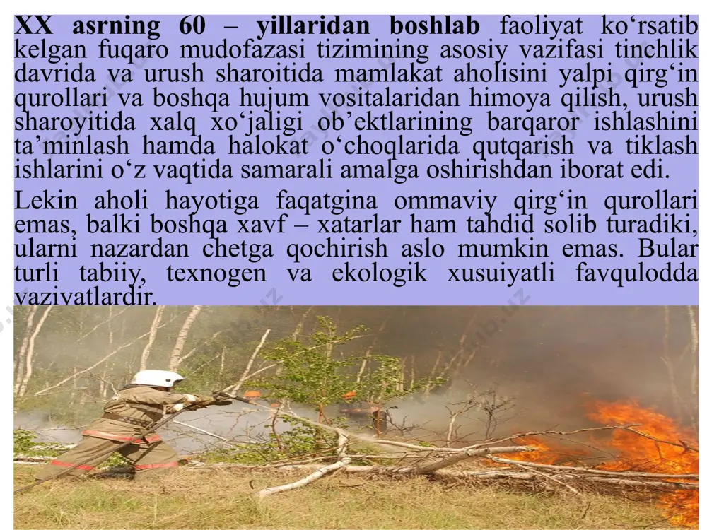 ndalar, kasalliklar va begona o‘tlardan himoya qilish to‘g‘risida (2000 yil 31 avgust) – 28 modda. ushbu qonunning maqsadi qishloq xo‘jalik o‘simliklarini zararkunandalar, kasalliklar va begona o‘tlardan himoya qilishni ta’minlash, o‘simliklarni himoya qilish vositalarining inson sog‘lig‘iga, atrof tabiiy muhitga zararli ta’sirining oldini olish bilan bog‘liq munosabatlarni tartibga solishdan iborat. terrorizmga qarshi kurash to‘g‘risida (2000 yil 15 dekabr) – 6 bo‘lim va 31 moddadan iborat. ushbu konunning maqsadi terrorizmga qarshi kurash sohasidagi munosabatlarni tartibga solishdan iborat. qonuning asosiy vazifalari shaxs, jamiyat va davlatning suverenitetini va hududiy yaxlitligini himoya qilish, fuqarolar tinchligi va milliy totuvlikni saqlashdan iborat. xavfli ishlab chiqarish ob’ektlarining sanoat xavfsizligi to‘g‘risida (2006 yil 28 sentyabr) – 23 modda. qonunning maqsadi xavfli ishlab chiqarish ob’ektlarining sanoat xavfsizligi sohasidagi munosabatlarni tartibga solishdan iborat. o‘zbekiston respublikasi vazirlar mahkamasining qarorlari: o‘zbekiston respublikasi favqulodda vaziyatlar vazirligining faoliyatini tashkil etish masalalari to‘g‘risida (1996 yil 11 aprel, 143 - sonli). qarorga «o‘zbekiston respublikasi favqulodda vaziyatlar vazirligi to‘g‘risida»gi …