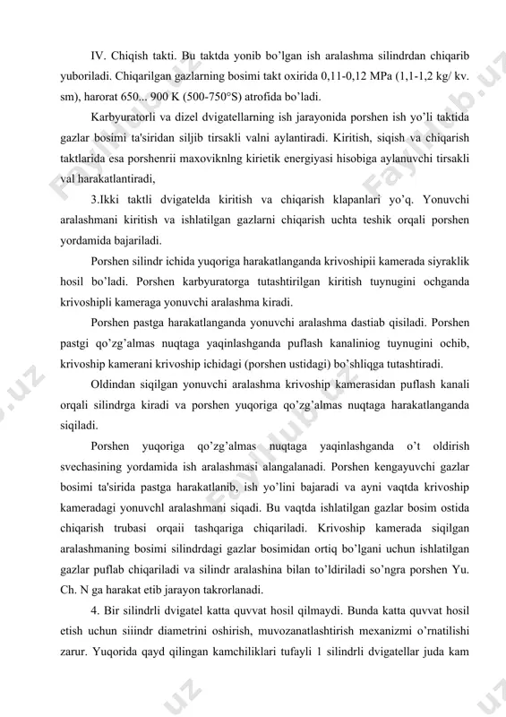 o’lgani uchun ishlatilgan gazlar puflab chiqariladi va silindr aralashina bilan to’ldiriladi so’ngra porshen yu. ch. n ga harakat etib jarayon takrorlanadi. 4. bir silindrli dvigatel katta quvvat hosil qilmaydi. bunda katta quvvat hosil etish uchun siiindr diametrini oshirish, muvozanatlashtirish mexanizmi o’rnatilishi zarur. yuqorida qayd qilingan kamchiliklari tufayli 1 silindrli dvigatellar juda kam qo’llaniladi. silindrlar sooi ko’payishi bilan dvigatei barqaror va puxta ishlaydi. shu sababli zamonaviy traktor va avtomobillarga 4, 6, 8 va 12 silindrli dvigatellar o’rnatiladi. ko’p silindrli dvigatelning ravon ishlashi uchun bir turli takt uning bir necha silindrlarida bir vaqtda takrorlanmasligi va ish yo'!i takti ma'lum vaqtdan keyin muntazam takrorlanishi kerak. dvigatelning turli silindrlarida bir xil taktning takrorianish tartibi dvigatelning ish tartibi deb ataladi. bir silindrli dvigatelda (dt-20) tirsakli val yarim oborot aylanganda ish yo’li hosii bo’lsa, qolgan 1,5 marta aylanganda dvigatei maxovik energiyasi hisobiga va muvozanatiovchi mexanizmlar yordamida aylanadi. dvigatelning ishlash tartibi 1-0-0-0 bo’ladi. 2 silindrli dvigatellar t-25a …