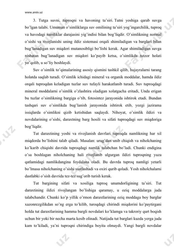 oqning yuza qatlamidagi namlikdangina foydalana oladi. bu davrda tuproq namligi yetarli bo’lmasa niholchaning o’sishi sustlashadi va oxiri qurib qoladi. yosh niholchalarni dastlabki o’sish davrida tez-tez sug’orib turish kerak. tut bargining sifati va xosiliga tuproq unumdorligining ta’siri. tut daraxtining ildizi rivojlangan bo’lishiga qaramay, u oziq moddalarga juda talabchandir. chunki ko’p yillik o’rmon daraxtlarining oziq moddaga boy barglar xazonrezgilikdan so’ng erga to’kilib, turoqdagi chirindi miqdorini ko’paytirgani holda tut daraxtlarining hamma bargli novdalari ko’klamga va takroriy qurt boqish uchun bir yoki bir necha marta kesib olinadi. natijada tut barglari kuzda yerga juda kam to’kiladi, ya’ni tuproqni chirindiga boyita olmaydi. yangi bargli novdalar xosil qilish uchun tut tanasidagi jamg’arilgan oziq moddalarning bir qismini sarflaydi va o’rnini qoplash uchun tuproqdan ko’p oziq moddalarni so’radi. tutzorning tuprog’i kuchsizlanib, unga ko’p o’g’it solish talab qilinadi. demak, tut daraxti ildiz sistemasining rivojlangan bo’lishiga qaramay, undan mo’l va sifatli barg hosili olish uchun, tutzorlar serunum, yumshoq tuproqli yerlarda tashkil …