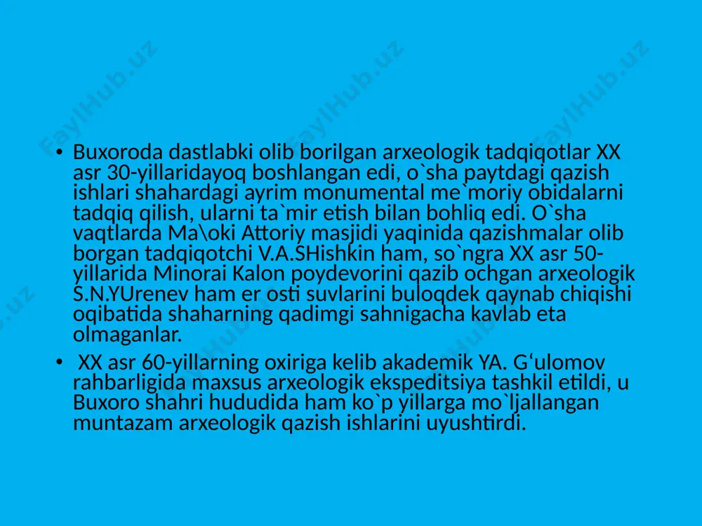 yot ancha gavjumlashgan, bu joylarda neolit davridan boshlab ovchi-baliqchi qabilalari kelib o`rnashgan. miloddan avvalgi ii ming yillikning oxiri-i ming yillikning boshlarida o`rta osiyoning dashtlik erlarida yashayotgan aholi hayotida sodir bo`lganidek, quyi zarafshon vodiysida ham chorvachilik xo`jaligi tez rivojlangan. miloddan avvalgi ii ming yillikning oxiri-i ming yillikning boshlarida o`rta osiyoning dashtlik erlarida yashayotgan aholi hayotida sodir bo`lganidek, +uyi zarafshon vodiysida ham chorvachilik xo`jaligi tez rivojlangan. daryo ado\larining dehqonchilik uchun qulay joylarida yarim ko`chmanchi chorvadorlarning ma`lum qismi o`troqlashib, yangi-yangi dehqon jamoalari shakllana boshlagan. bu zamonda moxandaryo, gurdush va gujayli o`zanlari qurib qolib, aholi hozirgi buxoro vohasining shimoli va shimoliy-\arbiy qismlariga siljigan. endi quyida buxoro viloyatidagi ayrim aholi manzillarining nomlari haqida to`xtalib, ularning ma`nosini imkoniyat doirasida izohlashga harakat qilamiz: aleli-buxoro viloyati jondor tumanidagi qishloq. turkmanlarning alieli uru\i nomi bilan bo\liq. afshona-buxoro viloyati peshko` tumanidagi qishloq. narshaxiy asarida afshina shaklida keltirilib, katta shahriston va mustahkam hisorga egadir. bir qancha qishloqlar unga mansubdir. bu er …