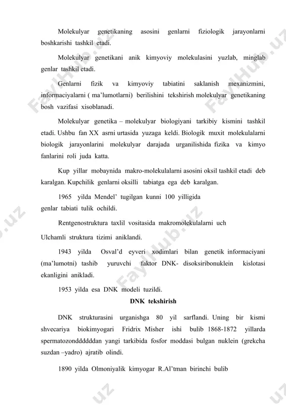 v-d-q-dizoksiribozaning birontasini tarkibiga kiradi. tarkibida ribozalar bulgan nukleotidlar ribonukleotidlar deb, uning monomeri rnk, tarkibi dezoksiriboza nukleotidlaridan iborat bulganlari dnk deyiladi. dnk replikaciyasi (ikkita bulishi) genetik materriallarni asosiy xususiyati avloddan-avlodga utishdir. buning uchun xar bir xujayra navbatdagi bulinishga utishi uchun dnk ikkitaga ajralishi kerak. uning natijasida yangi xosil buladigan xujayra uzining otalik va onalik xujayralaridagidek genetik informaciyaga ega bulishi kerak. uz-uzidan xosil bulish jarayoni replikaciya ( ikkitaga ajralish) deyiladi. replikaciya tirik organizmlarni kupayishi asos buladi. dnk - polimeraza fermenti dnk ikkiga bulinishini tezlatadi. propariot va eukariotlarni replikaciyasi bir-biriga uxshash bulishiga karamasdan eukariotlar replikaciyasi bir necha ming marta tez buladi. dnk reparasiyasi genetik buzilishni bartaraf etish reparaciya deyiladi. dnk ikkiga bulinishi yoki replikaciyani kurib chikilganidan sung genetik ma’lumotlarni juda anik utishi ma’lum buladi. bu xolat dnk molekulasini mutaciyasini yuzaga kelishini va xujayrani ulishiga olib kelishi mumkin. mutaciyani tez bulmasligi xayotni saklanib kolishiga sababchi buladi. shuning uchun xam xujayra genetik uzgarishlardan juda xam …