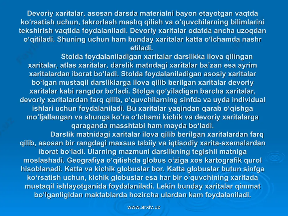 kligi miqyosli ko‘rsatilgan. kartodiagrammaga o‘zbekiston iqtisodiy tumanlarida qoramollar soni va ekin maydonlari xaritalari, viloyatlari va respublikalari bo‘yicha sanoat joylashishining xaritalari va hokazolari misol bo‘la oladi. xaritaning uchinchi turi-nuqtali xaritalardir, bunday xaritalarda muayyan joylardagi hodisalar bir xil miqdorga ega bo‘lgan nuqtalar yordamida tasvirlanadi. nuqtali xaritalar bo‘yicha, asosan hodisalar eng ko‘p tarqalgan tumanlarni ajratib ko‘rsatadigan savollar qo‘yiladi, masalan: “qaysi tumanlarda ekin eng ko‘p ekiladi?” “asosiy dehqonchilik rayonlarini ko‘rsatib bering?” va h.k. www.arxiv.uz www.arxiv.uz xaritalarning yettinchi turli-izonliniyalar xaritalaridir. bunday xaritalarda biron hodisaning miqdoriy qiymati bir xil bo‘lgan joylar chiziqlar bilan birlashtiriladi. bunday xaritalarga masalan, izotermalar xaritalari misol bo‘la oladi. masalan, izotermalar xaritasini tahlil qilayotganda mana bunday savollar berish mumkin: “8 gradus yanvar izotermasi qaysi joylardan o‘tadi?”, “bu izoterma qaysi tomonga qarab boradi?”. nihoyat maxsus xaritalarning sakkizinchi turi-harakat chiziqlari xaritalaridir. masalan, tashiladigan yuklar xaritasi, shamollar yo‘nalishi xaritasi, oqimlar xaritasi, dengizda tashiladigan yuklar xaritasi bo‘yicha quyidagi savollar berilishi mumkin: “dunyoda neft dengizlar orqali qayerlardan qayerlarga …