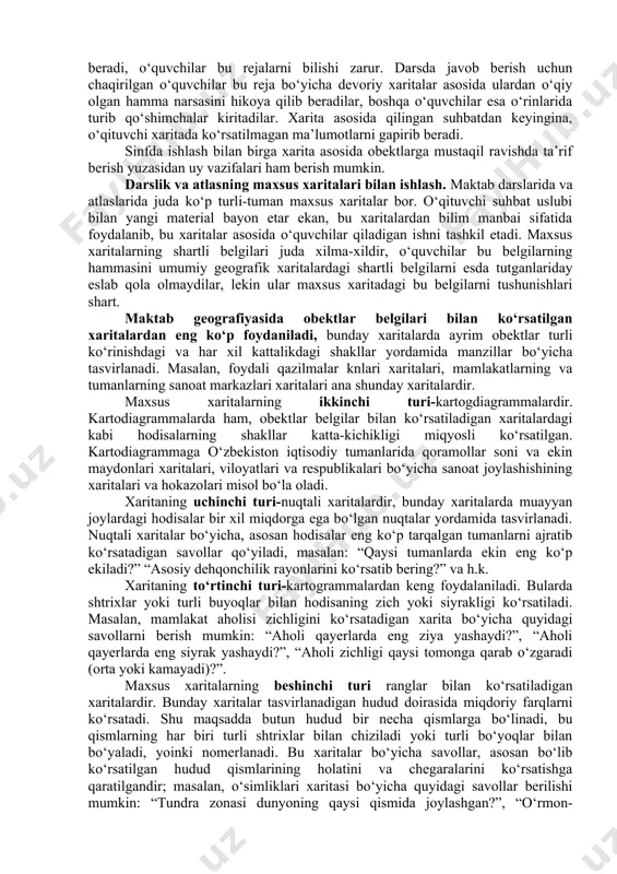 ik bilan bo‘lishi kerak. dastavval bolalar rejani tushunishga tayyorlangan bo‘lishlari kerak. buning uchun ular quyidagilarni izchillik bilan o‘zlashtirishlari lozim: joyda oriyentirovka qilish, joyda masofalarni o‘lchash va ularni masshtab asosida chizma chizish, chiziq yo‘nalishlar chizish. o‘quvchilarning reja bilan bevosita tanishishlari uch bosqichdan o‘tish lozim: dastlab kichikroq maydonning (sinfning, maktabning) chizma chizish, so‘ngra kattaroq maydonning ko‘z bilan chamalab rejasini olish va shu asosda topografik reja bilan ishlash. xarita boshqa ko‘rsatmali qurollar bilan shu bilan farq qiladiki, unda tabiiy va ijtimoiy hodisalar xaqiqiy ko‘rinishda emas, balki shartli belgilar asosida ko‘rsatiladi. shu sababli xaritani to‘g‘ri tushunish uchun o‘quvchilarni obektlarning o‘zi bilan oldindan tanishtirish zarur. xarita o‘qishga o‘rgatish va xaritalar bilan ishlash usullari. o‘quvchilar xarita o‘qish ko‘nikmasini asta-sekin butun geografiya kursi davomida geografik materialni o‘rganish bilan parallel ravishda egallaydilar. o‘qish jarayonida geografik bilimlar kengayadi va chuqurlashadi. shu bilan birga xarita o‘qish ko‘nikmasi ham takomillasha borishi kerak. maxsus tabiiy va iqtisodiy xaritalar umumiy geografik xaritalarga qaraganda …