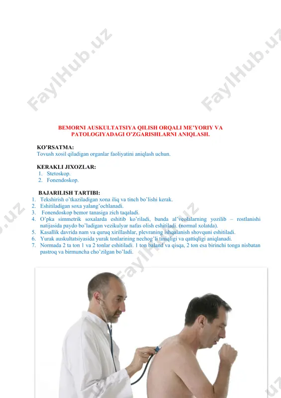 qtida topilgan o'zgarishlarni rentgen plyon-kasiga tushirish maqsadida qo'llanadi. tasvirda zich to'qimalar oqish, govak yerlar esa qoramtir tusda bo'ladi. masalan, kovak bo'shliq qoramtir havo pufagi va oqish suyuqlik sathiga ega bo'lib„ oq halqa bilan o'ralgan bo'ladi, plevra bo'shlig'idagi suyuqlik ham (u rentgen nurlarini kam o'tkazishi tufayli) oqish soya shaklida ko'rinadi. agar suyuqlik ekssudatli bo'lsa, uning sathi qiyalanib, tepaga ko'tarilgan bo'ladi, transsudat bo'lsa, gorizontal satxga ega bo'ladi. tomografiya – oddiy rentgenologik tekshirish usullari natija bermagan, patologik jarayon o'pkaning chuqur joylarida joylashgan xollarda qo'llanadi. bunda rentgen nurlari qavatma-qavat berib boriladi. tomografiya tasviriga gavdaning ma'lum chuqurlikdagi tuzilmalari tushadi, chunki nur shu masofani mo'ljallab beradi, undan chuqur yoki yuzadagi to'qimalardan nur tarqalib ketadi. flyuorografiya – rentgenologik tekshirishning bir turi bo'lib, bunda rentgen surati kichkina plyonkaga tushiriladi va odatda yoppasiga dispanser ko'riklarini o'tkazish maqsadida qo'llanadi. bronxografiya – bronxlarni tekshirish uchun o'tkaziladi. buning uchun yuqori nafas yo'llari anesteziya qilingandan so'ng, bronxlarga kontrast (yodlipol) modda yubo-riladi va o'pkani …