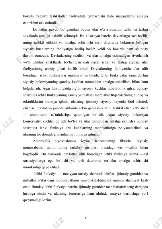 yatlarga ega bo‘lishi va turli davrlarda turlicha amalga oshirilishi mumkinligi qayd etiladi. ichki funksiya — muayyan tarixiy sharoitda sinflar, ijtimoiy guruhlar va millatlar o‘rtasidagi munosabatlarni muvofiklashtirishda muhim ahamiyat kasb etadi bunday ichki funksiya barcha ijtimoiy guruhlar manfaatlarini teng darajada hisobga olishi va ularning birortasiga ham alohida imtiyez berilishiga yo‘l qo‘ymasligi lozim. hozirgi kunda davlatning ichki funksiyalariga quyidagilarni kiritish mumkin 1. regulyativ, ya’ni tartibga solish, boshqarish; 2. qo‘riqlash, ya’ni saqlash, muhofaza qilish а) regulyativ funksiya davlatning ijtimoiy va iqtisodiy soxadagi o‘rnini belgilaydi: iqtisodiy: jamiyat iqtisodiy hayotiga ta’sir etish, iqtisodiyotning davlat sektorini boshqarish; ijtimoiy: ijtimoiy boyliklarni taqsimlash, sog‘liqni saqlash, madaniyatni rivojlantirish, uy —joy qurish va boshqalar; moliyaviy nazorat: soliq; solish, bojxona nazorati, moliyaviy nazorat; b) qo‘riqlash funksiyasi davlatning huquq bilan mustahkamlangan va tartibga solinadigan ijtimoiy munosabatlarni ta’minlash va himoya qilishga qaratilgan quyidagi faoliyatini taqozo etadi: · fuqarolar huquq va erkinliklarini muhofaza qilish; · tabiatni muhofaza qilish; · mulkning barcha shakllarini birdek himoya …