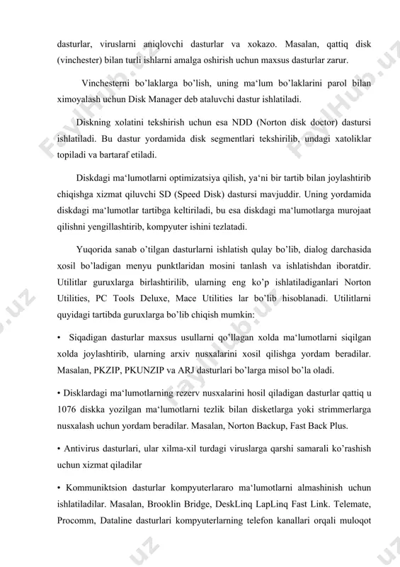 disklarni optimizatsiya qilish dasturlari disklarda saqlanadigan ma‘lumotlar xajmini ancha oshirishga va ma‘lumotlarni tezroq topishga yordam beradi. masalan, speed disk yoki fast trax dasturlari. • disklarni dinamik siqishtirishga imkon beruvchi dasturlar disklarda saqlanilishi mumkin bo’lgan informatsiya xajmini ancha oshirishga yordam beradi. masalan, stacker, double space, super stir dasturlari. • avtonom ravishda chop qilish dasturlari (skulerlar) fayllarni chop qilishni boshqa ishlar bilan bir vaqtda amalga oshirishga imkon beradi. masalan, print cashe dasturi. • xotirani boshqarish uchun mo’ljallanilgan operativ xotirani yaxshiroq boshqarish uchun ishlatiladi. masalan, software carousel va switch it dasturlari xotiraga bir qancha dasturlarni yuklashga va biridan ikkinchisiga osonlik bilan o’tishga yordam beradi. boshqa ko’p tarqalgan tizimli dasturlardan biri bu drayver dasturlari va qobiq dasturlar. drayverlar-dasturlar bu operatsion tizimga tashqi va ichki qurilmalar bilan ishlashda qulayliklar yaratuvchi dasturlar. bu dasturlar asosan shu qurilmalar chiqaruvchi firmalarda yaratiladi va qurilmalar bilan birga tarkalinadi. masalan: monitorlar drayverlari, сd-rom lar drayverlari va xokazo. qobiq dasturlar bu …