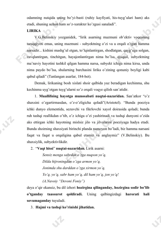di. 3. hajmi va tashqi ko’rinishi jihatidan. lirik asar eng kichik asardir, chunki u bir oniy tuyg’uning birvarakayiga hayajonli tarzdagi ifodasidir. tashqi ko’rinishi – misralardan, baytlardan iborat, muayyan vaznga solib yozilganidan musiqiy bo’ladi. 4. xarakter. hayot go’yo bir azim daryo bo’lsa, lirika ana shu azim daryoning sekin va sokin joylariga nazar tashlaydi (i.sulton). she’r bir oniy fikr va hisning mahsuli, mahsuli bo’lganda ham yaxlitligi – jonliligi bilan maftun etuvchi, ohangi bilan dilni qitiqlovchi bo’lgani sabab – bir zumlik “harorat” bilan uzoq yillarni, qalblarni “isitadi”, boyitadi, orzularga qanot beradi, ishonchlarni mustahkamlaydi. lirik qahramon “shoir shaxsi bilan estetik idealining quymasi” ekan, ular doimo yaxlitlashganda, musiqiylashganda, samimiylashganda doim ta’sirdordir, doim jozibadordir. 5. syujet. lirik qahramon tarixi (konkret har bir she’rdagi kechinma –obraz tarixi)ning mavjudligi lirikadagi syujetni voqye qiladi. lirik asar bir oniy kechinmaga suyangani uchun ham undagi syujet eposdagi kabi “voqealar silsilasi” tarzida namoyon bo’lmaydi, balki u oniy – ruhiy harakat tarixi ifodasi …