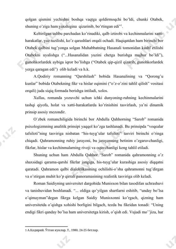 ga qo’yilgan shartlarni eshitib, “unday bo’lsa o’qimayman”degan fikrga kelgan saidiy munisxonni ko’rgach, qizning ham universitetda o’qishga xohishi borligini bilgach, tezda bu fikridan tonadi: “uning endigi fikri qanday bo’lsa ham universitetga kirish, o’qish edi. vujudi mo’’jiza, har bir so’zi, harakati hayotga chaqirib turgan shu qizga hamdard bo’lish uchun u har narsaga tayyor edi”1. ikkinchidan, saidiy munisxondan “nima umidvor ekanini o’zi bilmaydi, ammo uning umid qilgan narsasinigina emas, butun olamni berib, hech narsa talab qilmaydigan holat”ga tushadi. saidiy munisxonga shunchalik maftunki, qizning lab tishlab bosh chayqashi ham, mayin tovushi ham uning vujudini egallaydi, qalbini titratadi. bu hissiyot dinamik ravishda asta-sekin rivojlana boradi. rivojlangan sayin saidiy qalbi o’zining borlig’ini namoyon etadi: “shu qizning boshiga bir falokat tushsa-da, qutqaradigan kishi yagona men bo’lsam...” boyagi samimiy his-tuyg’ular o’rnini xudbinlik egallaydi. ana shu xudbinlikning ildiz otishi, gurkirashi uchun to’la imkoniyat beradigan millatchilar muhiti saidiyni o’z domiga tortadi va bora-bora uni halokatga olib keladi. ana shu xudbinlikni …