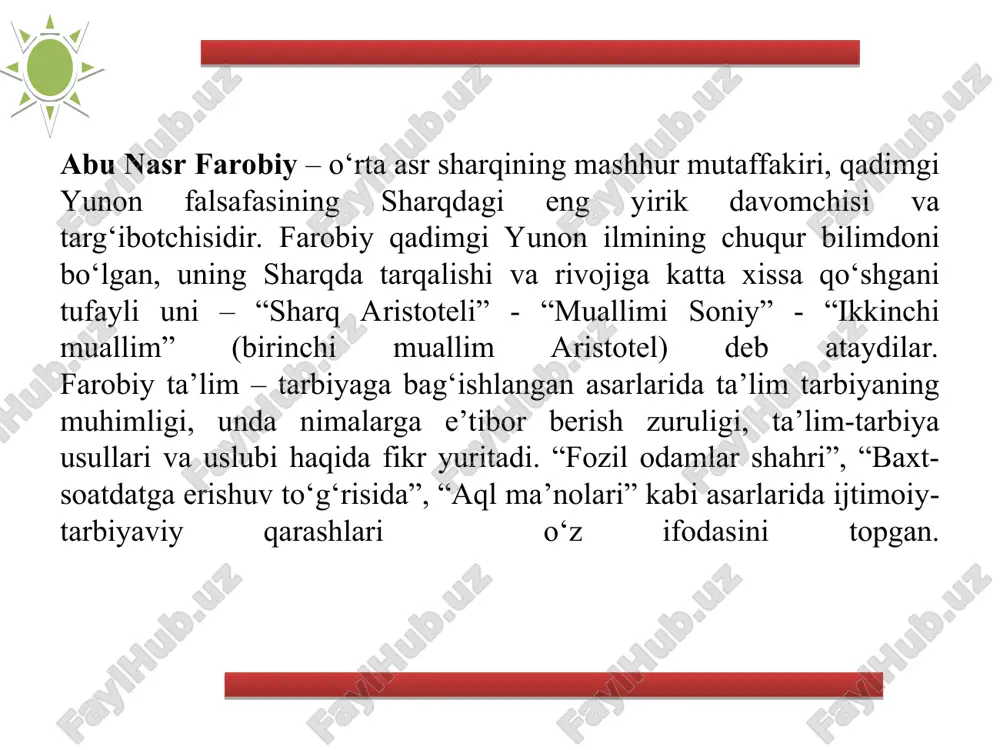 arini, faqat maktab, ma’orif va ta’lim tarbiyani to‘g‘ri yo‘lga qo‘yish, uni rivojlantirish bilangina amalga oshirish mumkin, deb bildilar. jadidlar ma’rifati haqida gap ketganda dastlab qirimlik ismoil gaspirinskiyni tilga olish kerak. u rossiya musulmonlari orasida birinchi bo‘lib“ maktabi usuli jadida” yani “ yangi usul maktabi”ga asos soldi. ismoil gasprinskiy taklif etgan “ usuli jadid” maktabining tuzilishi, darslarning tashkil qilinishi, o‘qitish metodikasi, nazorat turlari ko‘p jihatdan evropa talim tizimiga yaqin bo‘lgan. u madrasalarni isloh qilish, dunyoviy fanlarni o‘qitish masalalarini ko‘tardi. jumladan, diniy fanlar bilan birga tibbiyot, kimyo kabi fanlarni o‘rganish zarurligi haqida so‘z yuritadi. i.gasprinskiy yangi usulni targ‘ib qilish, jadid maktablarini tashkil ettirish uchun turli joylarga safar qiladi. turkistonda ham 2 marta bo‘lib, mahalliy halq yordamida, dastlabki yangi usul maktablari ochishga muvaffaq bo‘ldi. jadidlar, eng avvalo, o‘qitishning eski usullari o‘rniga yoshlarga zamonaviy ilmlarni o‘rgatish zarurligini tushunishlari bilan birga, ta’lim tizimida ona tilini chuqurroq o‘rgatish, ona tilidagi darslarni ko‘paytirish, boshqacha qilib aytganda, o‘quv …