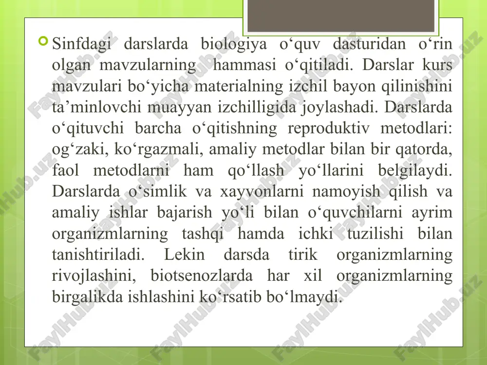 jasida o‘tkazish uchun: laboratoriya mashg‘ulotlarining didaktik maqsadini aniqlashi; laboratoriya mashg‘uloti uchun zarur bo‘ladigan jihozlarni tayyorlashi; laboratoriya mashg‘ulotida o‘quvchilarning bilish faoliyatini tashkil etish yo‘llarini belgilashi va shu asosda mashg‘ulotning borishini loyihalashi; o‘quvchilarning tajriba va kuzatish o‘tkazish jarayonida zarur bo‘ladigan topshiriqlar uchun ko‘rsatmalar tayyorlashi; laboratoriya mashg‘uloti topshiriqlari bo‘yicha o‘quvchilar tomonidan tayyorlanadigan axborotni rasmiylashtirish yo‘llarini aniqlashi lozim. laboratoriya mashg‘ulotining borishi va olingan natijalarni tahlil qilishi, zarur hollarda tegishli o‘zgartirishlar kiritishi lozim. biologiya o‘quv dasturidan o‘quvchilarning o‘quv va amaliy mehnat ko‘nikmalarini rivojlantirish maqsadida amaliy mashg‘ulotlar ham o‘rin olgan. o‘qituvchi mazkur amaliy mashg‘ulotlarning samaradorligini oshirish maqsadida quyidagilarga e’tiborini qaratishi lozim: o‘quv dasturidan o‘rin olgan amaliy mashg‘ulotlarni istiqbol va taqvim-mavzuli rejadagi va ta’lim-tarbiya jarayonida tutgan o‘rnini aniqlashi; amaliy mashg‘ulotlarining didaktik maqsadini aniqlashi; amaliy mashg‘ulotini o‘tkazish uchun zarur bo‘ladigan jihozlarni tayyorlashi; amaliy mashg‘ulotda o‘quvchilarning bilish faoliyatini tashkil etish yo‘llarini belgilashi va shu asosda mashg‘ulotning borishini loyihalashi; o‘quvchilarning tajriba va kuzatish o‘tkazish jarayonida zarur bo‘ladigan topshiriqlar uchun ko‘rsatmalar …