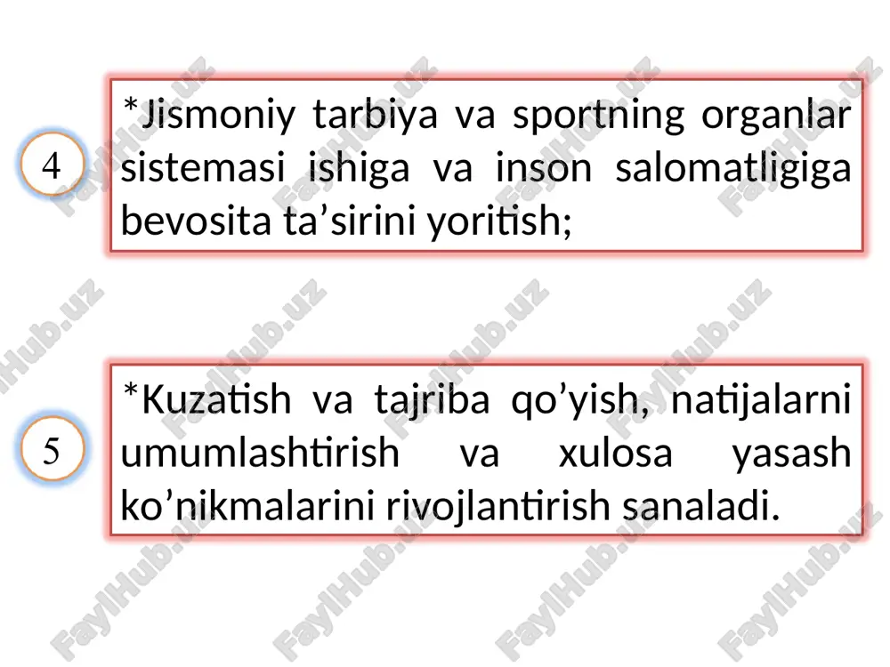 azlar va suyuqliklardagi diffuziya, atmosfera bosimi haqidagi bilimlar fizikadan olgan bilimlarga asoslanadi; -nafas olish va chiqarish mexanizmini, qon bosimini tushuntirishda suyuqliklar bilan gazlardagi bosimlar farqiga qarab harakatlanish qonuniyatlari haqidagi ma’lumotlarini o‘rganishda fizikaga oid bilimlardan foydalaniladi; -fermentlar, katalizatorlar, muhitning kislotali, ishqoriy va neytral reksiyalari kimyodan olingan bilimlarga tayanib o‘rganiladi; -plastik va energetik almashinuvni o‘rganishda o‘quvchilarning jonli va jonsiz tabiatdagi hayot birligi haqidagi xulosaga olib kelish uchun energiyaning saqlanish va bir turdan ikkinchi turga aylanish qonuniga oid masalalar yechishda kimyoviy bilimlardan foydalaniladi; -issiqlikning boshqarilishi to‘g‘risidagi tushunchani shakllantirishda fizikadagi bug’ hosil bo‘lishidagi solishtirma issiqlik bo‘yicha olingan bilimlarga asoslanadi; -ko‘rish organi - ko'zning funksiyalari optikaga oid bilimlar asosida tushuntiriladi. tayanch-harakatlanish sistemasiga oid masala va mashqlar mazkur mavzularni o‘qitishda masala va mashqlardan foydalanish mehnat fiziologiyasi, sog‘liqni saqlash gigienasi, qad-qamotning shakllanishi, barcha organlarning mashq qildirib borishni sabab va mohiyatini atroflicha yoritib beradi. masalan: 1.odam vazni o‘rtacha 70 kg bo‘lganda skelet massasi 8-9 kg ni tashkil etadi. …