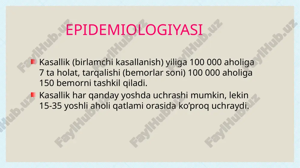 , 2-3 hafta) antibiotiklar- siprofloksatsin, metronidazol (10-14 kun) immunodepressantlar- azatioprin, metotreksat konservativ davolash. bemor bolalar uzoq davr mobaynida konservativ davo oladilar. davoning asosiy komponentlaridan biri oqsilga boy, yuqori kalloriyali parhezdir. dagʻal, qattiq oziq-ovqatlar tavsiya etilmaydi. steotoriya dardi bor bemorlarga yogʻli ovqat kam miqdorda isteʼmol qilish va qoʻshimcha trigliseridlar tavsiya etiladi. sulfosalazin (azulfidin) qoʻllash, yarali kolitlarda (yak) samarali natija bergan holda, kron kasalligida taʼsiri kam. shunga qaramasdan, uni qoʻllash maqsadga muvofiq hisoblanadi. steroid gormonlar qoʻllash quyidagi hollarda tavsiya etiladi: 1.xirurgik davoga koʻrsatma boʻlmagan holda, konservativ davo yordam bermasa: 2. bemorda toksikoz belgilari bilan umumy ahvolining ogʻir boʻlishida: 3. bemorda asosiy kasallikdan tashqari ichakdan tashqari koʻrinishlar (artralgiya, teri kasalliklari) mavjud hollarda:4. ogʻir bemorlarda keng tarqalgan, operatsiya qilish mumkin boʻlmagan enteritda. ambulator davo yordam bermasa, bemor ahvolining ogʻirlashishi yoki ovqatlanishning buzilishi kuchaygan hollarda, kasalxonaga yotqizilishi shart. enteral oziqlantirishning toʻxtatib, parenteral oziqlantirishga oʻtish, elektrolit, vitamin, mikroelementlar tanqisligini bartaraf etish, koʻpincha, bemor ahvolining yaxshilanishiga olib …