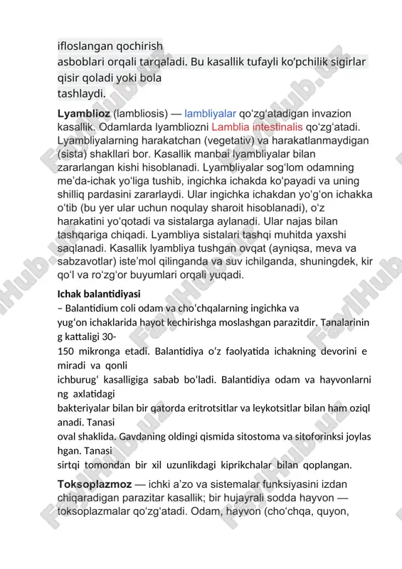 ruvchilar) yuqishi mumkin. uy sharoitida, ayniqsa, ayollar qiyma taʼmini totib koʻrganida ham toksoplazma yuqadi. toksoplazma shilliq pardalar (ogʻiz, burun, koʻz shilliq pardasi) yoki chaqalangan teriga tushishi, shuningdek, transmissiv va boshqa yoʻllar bilan yuqishi mumkin. odam organizmiga tushgan toksoplazma qon tomirlar orqali turli aʼzolar (miya, koʻz, jigar, taloq, yurak va limfa bezlari)ga tarqaladi va shu aʼzolarning zararlanishiga sabab boʻladi. tugʻma va orttirilgan t. farq qilinadi. tugʻma t.da kasallik ona organizmidan qon orqali homilaga oʻtadi. t. homilaga dastlabki oylarda yuqsa, bola tushadi yoki ulik, yoxud majruh boʻlib tugʻiladi. orttirilgan t. oʻtkir va surunkali kechadi. oʻtkir t.da bemor isitmalaydi, boshi, muskullari ogʻriydi; limfa bezlari, koʻz, teri, miya qobiklari va ichki aʼzolariga putur yetadi. surunkali t. yillab choʻzilishi mumkin. bunda bemorning temperaturasi yuqori boʻladi, boshi ogʻriydi; quvvatsizlik, asabiylashish kuzatiladi; koʻrish, xotira va ish qobiliyati pasayadi; jigar, taloq va limfa bezlari shishadi; gepatit, miokardit, zotiljam yuzaga kelishi mumkin. kasallikning oldini olish uchun kasal uy hayvonlarini …