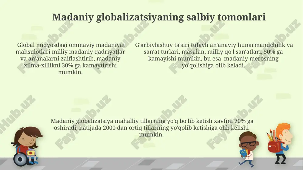 da. madaniy globalizatsiya tufayli xalqaro turizm 20% ga oshdi, bu esa milliy iqtisodiyotlarga 1 trillion dollardan ortiq daromad keltirdi. madaniy globalizatsiya natijasida mulkiy huquqlar va intellektual mulk sohasidagi himoya mexanizmlarini takomillashtirishga bo'lgan ehtiyoj 3 barobar oshdi. globalizatsiya va mahalliy madaniyatlarning o'zaro ta'siri global brendlarning mahalliy bozorlarga kirib kelishi natijasida 10 yil ichida milliy an'analarga asoslangan mahsulotlarning sotish hajmi 15% ga kamayganligi kuzatilgan. mahalliy madaniyatlar globalizatsiyaga qarshilik ko'rsatish uchun 30% ga yaqin ijtimoiy va madaniy harakatlarni amalga oshirib, o'ziga xosligini saqlab qolishga harakat qilmoqda. mahalliy madaniyatlar globalizatsiyaga qarshilik ko'rsatish uchun 30% ga yaqin ijtimoiy va madaniy harakatlarni amalga oshirib, o'ziga xosligini saqlab qolishga harakat qilmoqda. globalizatsiya jarayonining madaniy oqibatlari madaniy globalizatsiya natijasida milliy oʻziga xoslikning kamayishi kuzatiladi, bu esa madaniy homogenizatsiya (bir xillik) jarayonini tezlashtiradi. globalizatsiya tufayli dunyo boʻylab 200 dan ortiq tilning yoʻqolib ketish xavfi mavjud, bu madaniy xilma-xillikning pasayishiga olib keladi. global ommaviy axborot vositalarining ta'siri natijasida, 70% dan …