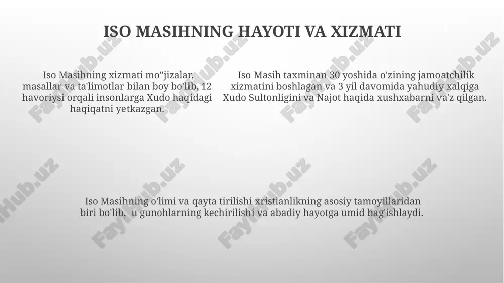 gan ibodatlar, xususan, massaga katta ahamiyat beriladi. xristian ibodatlari va dualarida 10 ta amr kabi asosiy diniy qoidalar takrorlanib, shaxsiy va jamoat hayotini boshqarishda yo'l-yo'riq vazifasini o'taydi. e'tiboringiz uchun rahmat @taqdimot_robot image1.png image2.png image3.png