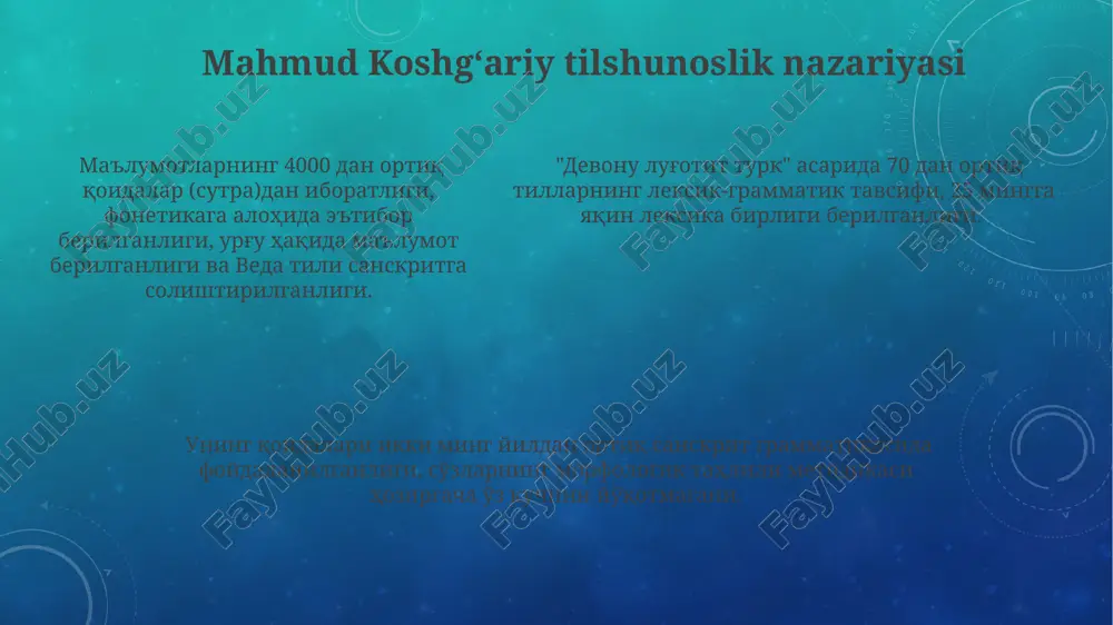 iy 150 dan ortiq ilmiy asar yaratgan bo'lib, ularning ko'pchiligida tilshunoslikka oid ma'lumotlar bor. uning “kitob as-sayndana fit-tib” asarida 29 bob va 1116 maqolada 28 ta harf asosidagi dorivor moddalar nomlari izohlangan. beruniyning “kitob as-sayndana fit-tib” asaridagi ma'lumotlar shundan dalolat beradiki, u 30 dan ortiq tildagi atamalarni bir maqolada beradi. bu esa uning tilshunoslikdagi keng ko'lamli bilim va tajribasini ko'rsatadi. beruniyning “kitob as-sayndana fit-tib” asaridagi ma'lumotlar shundan dalolat beradiki, u 30 dan ortiq tildagi atamalarni bir maqolada beradi. bu esa uning tilshunoslikdagi keng ko'lamli bilim va tajribasini ko'rsatadi. ibn sino tilshunoslik nazariyasi ibn sinoning tilshunoslikka oid “asbob al-xuruf” asari 6 bobdan iborat boʻlib, unda 24 ta arab tovushining talaffuz xususiyatlari tahlil qilinadi. ibn sino tilshunoslik nazariyasi fonetikaning fiziologik jihatlari, tilning ontologik xususiyatlari va boshqa muhim masalalarni oʻz ichiga oladi. uning fikricha, tilning asosiy birliklari fonema boʻlib, ularning bir-biriga nisbatan 3 xil munosabati (sintagmatik, assotsiativ, paradigmaning ichki munosabati) mavjud. mantiq va …
