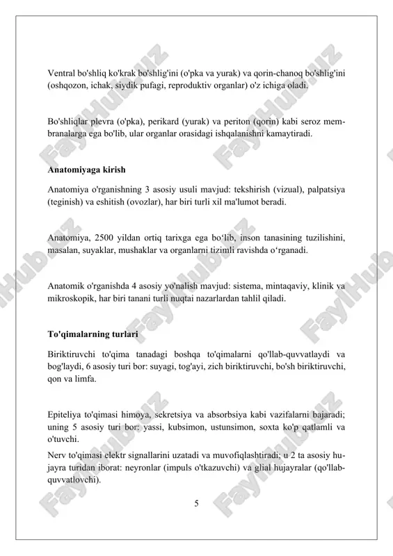 da so'riladi, qolgan qismi yo'g'on ichakka o'tadi. oshqozon kislotasi ph darajasi 1,5 dan 3,5 gacha bo'lgani tufayli oqsillarni denaturatsiyalaydi va bakteriyalarni yo'q qiladi, hazm qilishni osonlashtiradi. anatomiyani o'rganish usullari rentgen nurlari, kt va mrt kabi 2-usul vizualizatsiya texnikalari, tirik odamlarda ichki tuzilmalarni invaziv bo'lmagan tarzda o'rganishga imkon beradi. anatomiyani o'rganishda 1-usul sifatida kadavr diseksiyasi qo'llaniladi, bunda murdalar 3d shakllarni o'rganish uchun kesiladi va ajratiladi. mikroskopiya - 3-usul bo'lib, gistologik preparatlarni 40x dan 1000x gacha kattalashtirib, hujayra va to'qimalarning mikroskopik tuzilishini batafsil o'rganishga yordam beradi. siydik chiqarish tizimi siydik pufagi 400-600 ml siydikni saqlashga qodir, lekin siydik chiqarish istagi odatda 150-200 ml ga yetganda sezila boshlaydi. buyraklar har bir daqiqada taxminan 125 ml filtrat hosil qiladi, ammo uning 99% qayta so'riladi, natijada kuniga 1-2 litr siydik ajralib chiqadi. nefron, buyrakning asosiy funksional birligi, taxminan 1 milliondan ortiq bo'lib, qonni filtrlaydi va suv, elektrolitlar va boshqa moddalarni tartibga soladi. xulosa anatomiya bilan …