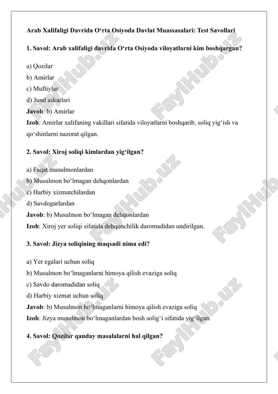 tavsiya: - xarita tavsifi: arab xalifaligi chegaralari (vii–ix asrlar) va o‘rta osiyodagi muhim shaharlar (marv, samarqand, buxoro, xiva) belgilangan xarita. - elementlar: - xuroson viloyati (markazi: marv). - movarounnahr (samarqand, buxoro). - amirlar boshqargan shaharlar va soliq yig‘ish markazlari. - xalifalikning harbiy yo‘nalishlari (masalan, qutayba ibn muslimning yurishlari). - foydalanish: talabalar xaritada viloyatlarni belgilab, har bir hududning boshqaruvchisini (amir) va uning vazifalarini muhokama qilishlari mumkin. arab xalifaligi xaritasi (o‘rta osiyo, vii–ix asrlar) - xuroson: markazi marv (amir boshqaruvi, soliq yig‘ish markazi) - movarounnahr: samarqand, buxoro (madrasalar va masjidlar markazi) - harbiy yo‘nalishlar: qutayba ibn muslimning fathlari (709–715-yillar) image1.png