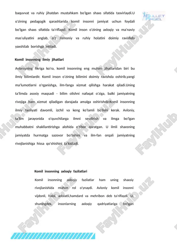 aqqiyotida zarur vosita sifatida ko'rdi. u, insonning faqat ilmiy bilimlari yetarli bo'lmasdan, axloqiy qadriyatlar va ma'naviy kamolotiga ham katta ahamiyat berdi. ma'naviy rivojlanish jamiyatda ijtimoiy barqarorlikni,adolatni va birdamlikni ta'minlashda asosiy omil sifatida qaraladi. ma'naviy tarbiya - komil insonning yuksak fazilati avloniyning komil inson haqidagi g'oyasida ma'naviyat, insonning axloqiy va ruhiy fazilatlari bilan chambarchas bog'liq. komil insonni tarbiyalashda ma'naviy jihatlarni rivojlantirishning o'ta muhimligi shundaki,u jamiyatda odob-axloq. vijdon, halollik, adolat, mehri-shafqat kabi asosiy qadriyatlarni shakllantiradi. ma'naviy tarbiya, shaxsning yuksak axloqiy idealga intilishi, o'zini doimo to'g'ri yo'lda tutishi va boshqalarbilan munosabatda to'g'ri qarorlar qabul qilishda yordam beradi. avloniyning fikriga ko'ra, ma'naviyat insonning ichki olami va uning ruhiy holatini shakllantiradi. u, ayniqsa, yosh avlodni ma'naviy jihatdan rivojlantirishda, ta'limning ta'sirini katta deb bilgan. o'qituvchilar nafaqat bilim berish, balki o'quvchilarni ma'naviy qadriyatlar bilan tanishtirish va ularni axloqiy fazilatlar bilan tarbiyalashga majburdirlar. komil insonning ma'naviy fazilatlari komil insonning ma'naviy jihatlarini rivojlantirishda avloniy, ularning quyidagi fazilatlarni o'zida jamlashini …