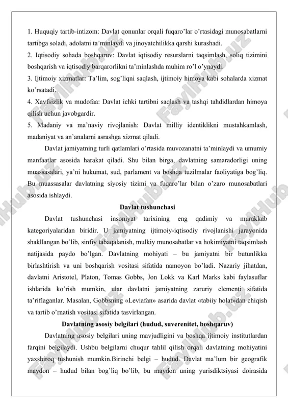 ill of rights huquqlar ro’yxatini belgilaydi. amaliy misol: 2020-yilda belorusiyadagi namoyishlarda huquq saqlash vazifasining buzilishi xalqaro tanqidga sabab bo’ldi. o’zbekistonda konstitutsiya sudi huquqiy vazifani bajaradi. boshqa vazifalar orasida ekologiya, madaniyat va xalqaro hamkorlik mavjud. funksiyalarni tahlil qilsak, ular jamiyatning rivojlanish bosqichiga bog’liq: sotsializmda davlat iqtisodiy vazifalarni ko’proq o’z zimmasiga oladi, liberalizmda esa bozor mexanizmlariga tayangan holda. dalil sifatida, covid-19 pandemiyasida davlatlarning vazifalari (vaktsinatsiya, karantin) funksiyalarning moslashuvchanligini ko’rsatdi. davlatning huquqiy va siyosiy mazmuni davlatning huquqiy mazmuni uning qonunlar va huquqiy normalar orqali ifodalanishini, siyosiy mazmuni esa hokimiyat va siyosiy jarayonlarni o’z ichiga oladi. huquqiy mazmun davlatni «huquqiy davlat» sifatida ta’riflaydi, bu erda qonun ustuvorligi mavjud. nazariy jihatdan, bu kantning huquqiy davlat konsepsiyasiga asoslanadi. huquqiy mazmun fuqaro’lar huquqlarini himoya qilish va hokimiyatni cheklashni ta’minlaydi. amaliy misol: germaniyada konstitutsiyaviy sud hokimiyatni huquqiy cheklovlar orqali nazorat qiladi. o’zbekistonda 2023-yilgi konstitutsiya o’zgartirishlari huquqiy mazmunni kuchaytirdi, masalan, inson huquqlarini kengaytirdi. siyosiy mazmun davlatni siyosiy tizim sifatida …