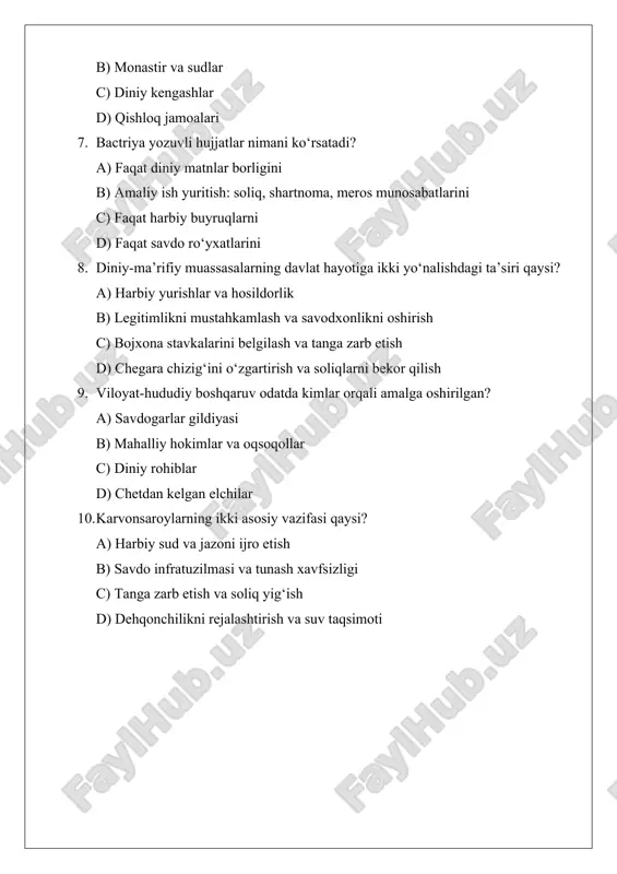z nomidan viloyat hokimlari. 12. savol: diplomatik aloqalarda sovg‘a-salom nima uchun kerak? javob: ittifoqni mustahkamlash va siyosiy legitimlikni ko‘rsatish uchun. 13. savol: bactriya yozuvli hujjatlar nimani ko‘rsatadi? javob: soliq, meros, qarz va shartnomalar bo‘yicha amaliy ish yuritishni. 14. savol: buddaviy va zardushtiy muassasalar davlat hayotiga qanday ta’sir qilgan? javob: legitimlikni mustahkamlagan va savodxonlikni oshirgan. 15. savol: ipak yo‘li ustidan nazorat nima berdi? javob: tranzit daromadlari va siyosiy ta’sir. 16. savol: xazina mablag‘lari qayerga sarflangan? javob: harbiy xarajatlar, infratuzilma, diniy homiylik. 17. savol: chegara qal’alari yana qanday vazifani bajargan? javob: karvon yo‘llarini va boj yig‘imini himoya qilgan. 18. savol: eftallar kimlar bilan faol diplomatiya olib borgan? javob: sosoniylar, gupta hududlari, sug‘d shaharlari. 19. savol: jazolar tizimida qaysi choralar uchragan? javob: jarima, musodara, qamoq. 20. savol: muassasalar barqarorligi nimaga bog‘liq bo‘lgan? javob: soliq tushumlari, harbiy qudrat, savdo yo‘llari nazoratiga.